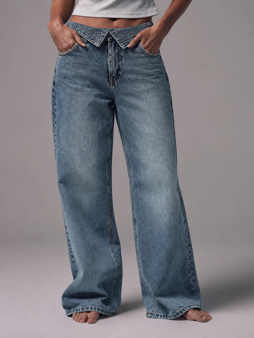 Shiny Wide-leg Washed Green Jeans