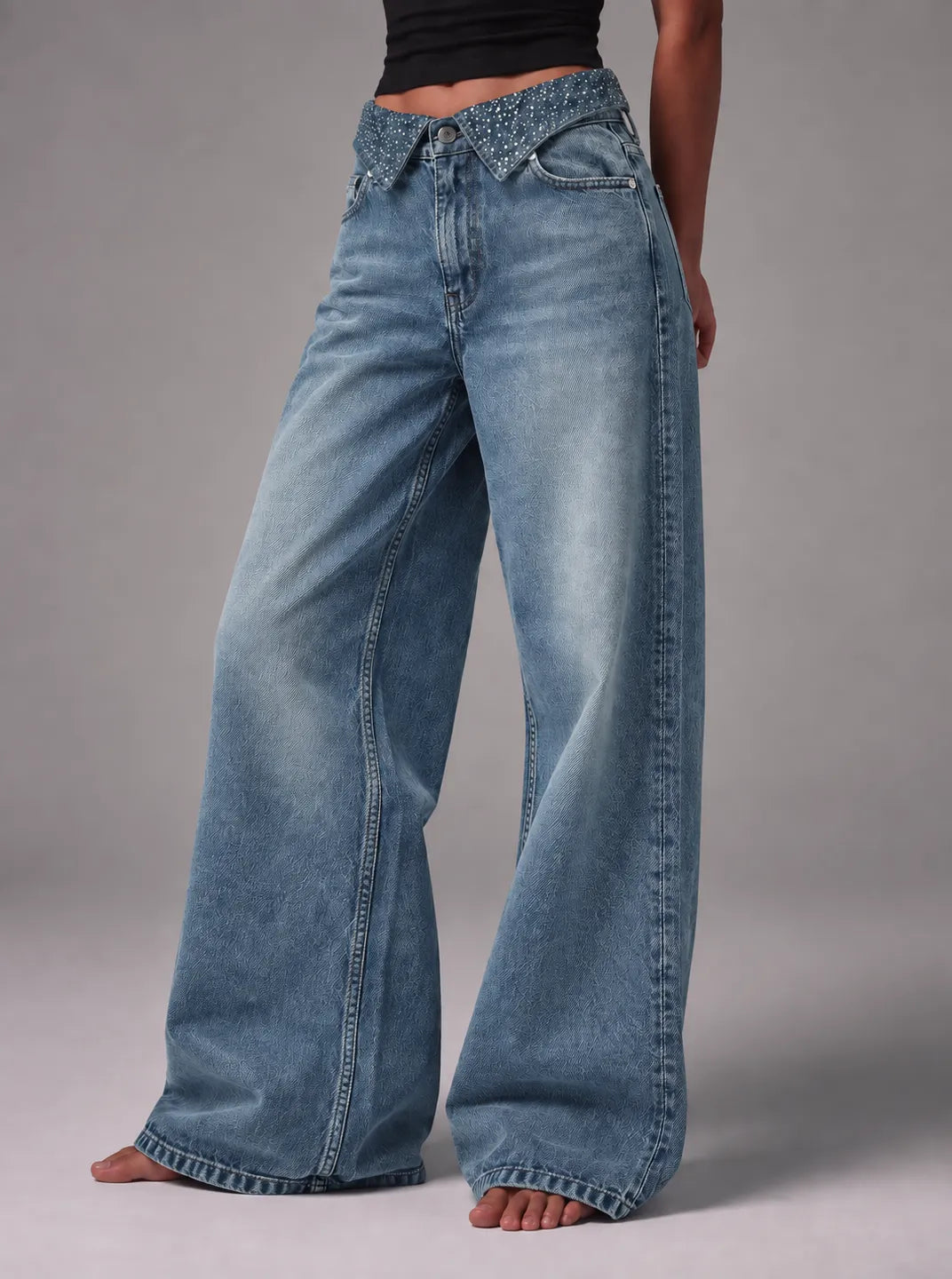 Shiny Wide-leg Washed Green Jeans