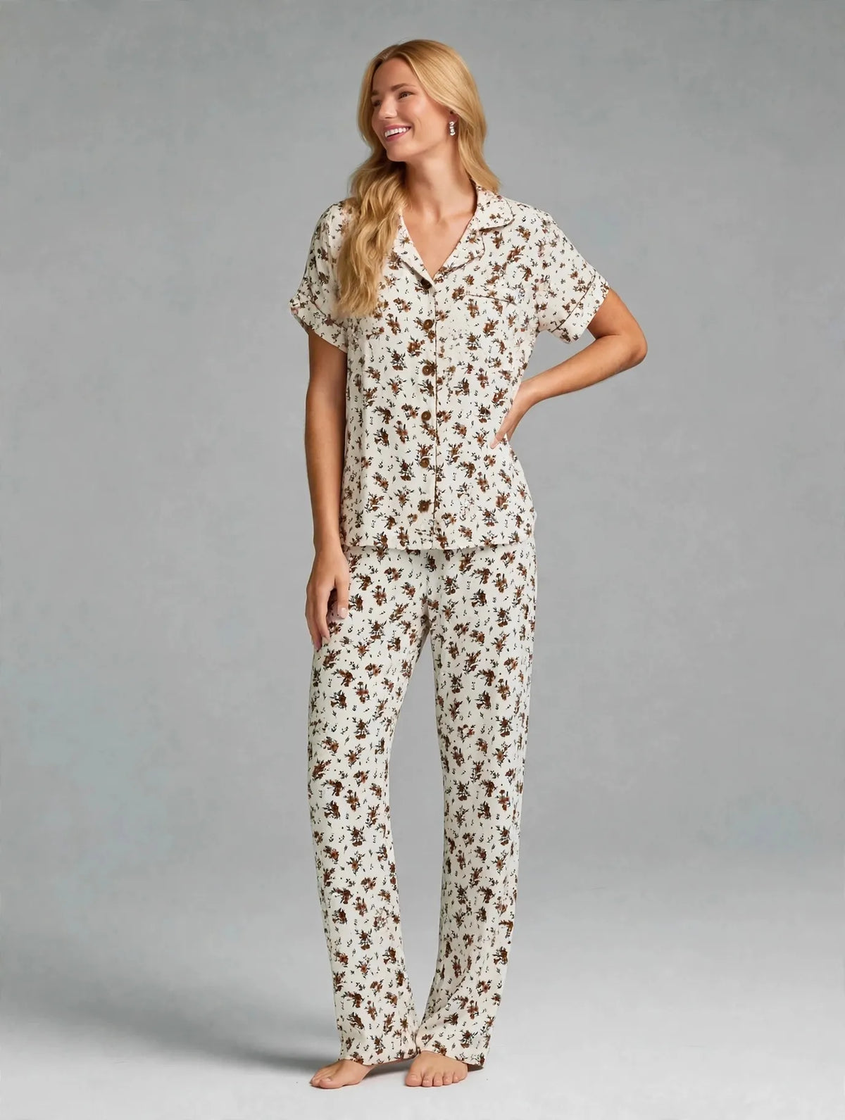 Brown Floral Pajama Set