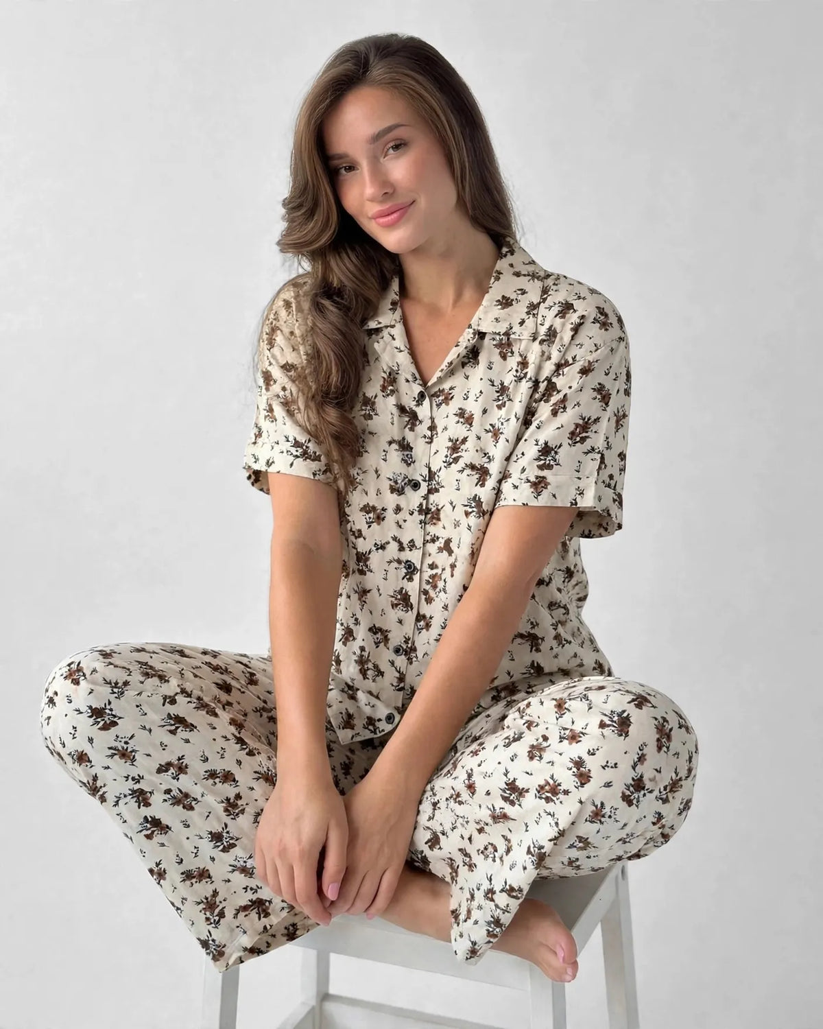Viscose Brown Floral Pajama Set