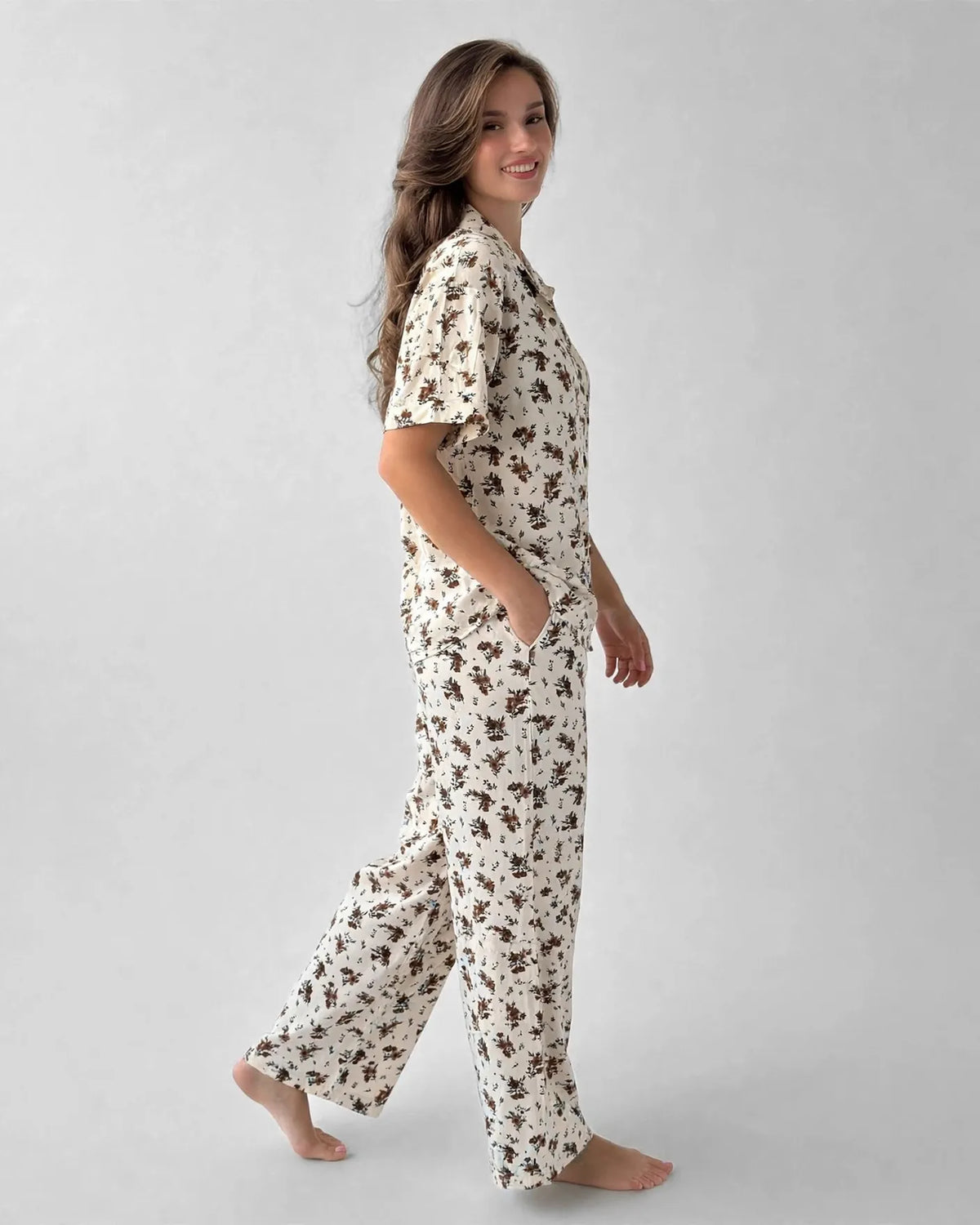 Viscose Brown Floral Pajama Set