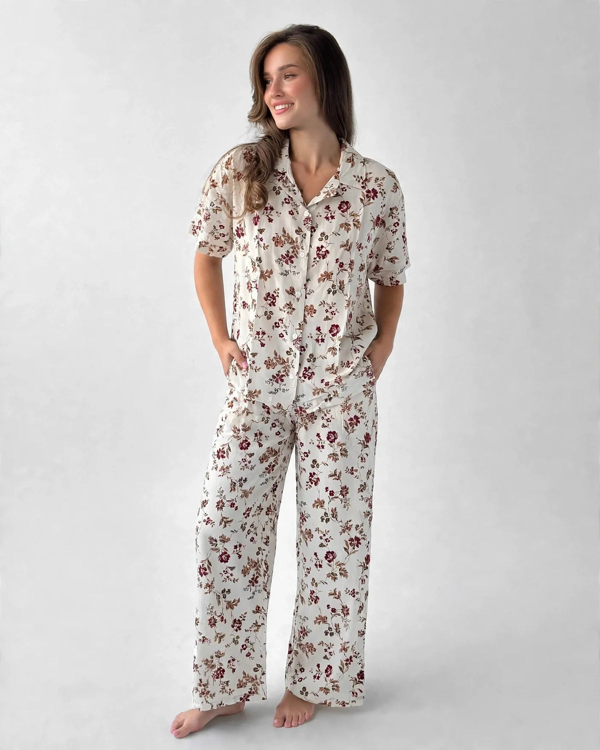 Viscose Burgundy Floral Pajama Set