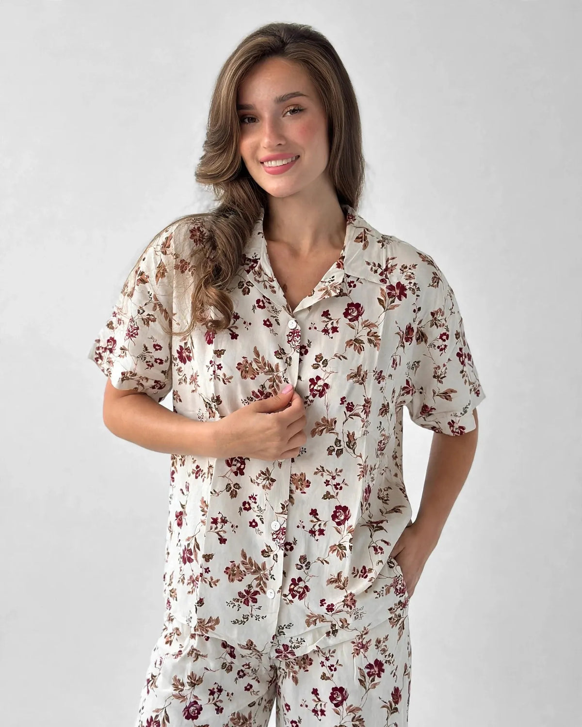Viscose Burgundy Floral Pajama Set