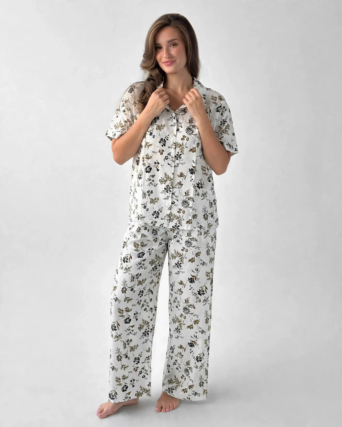 Viscose Olive Floral Pajama Set