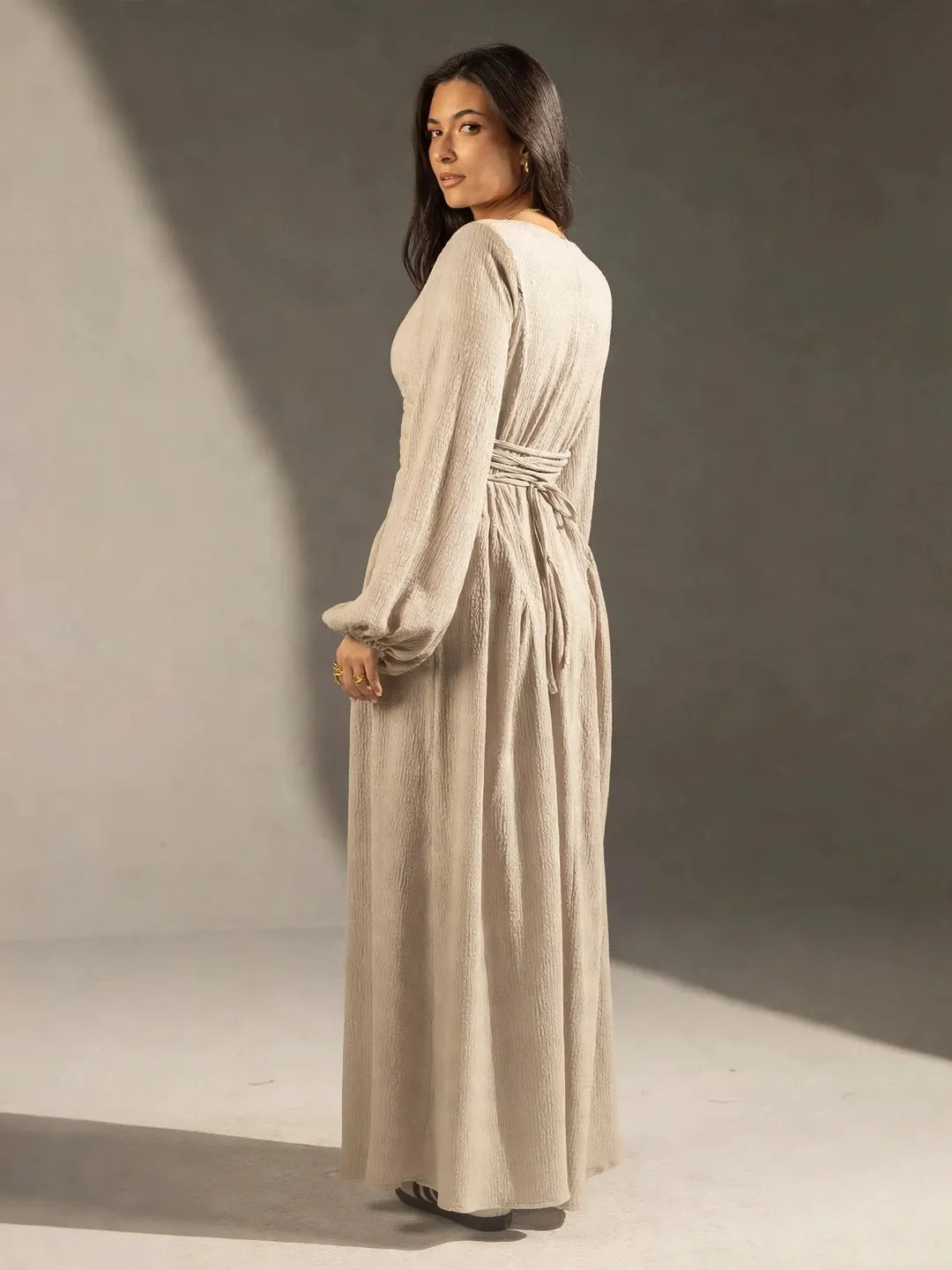 Beige Textured Back-Tie Maxi Dress