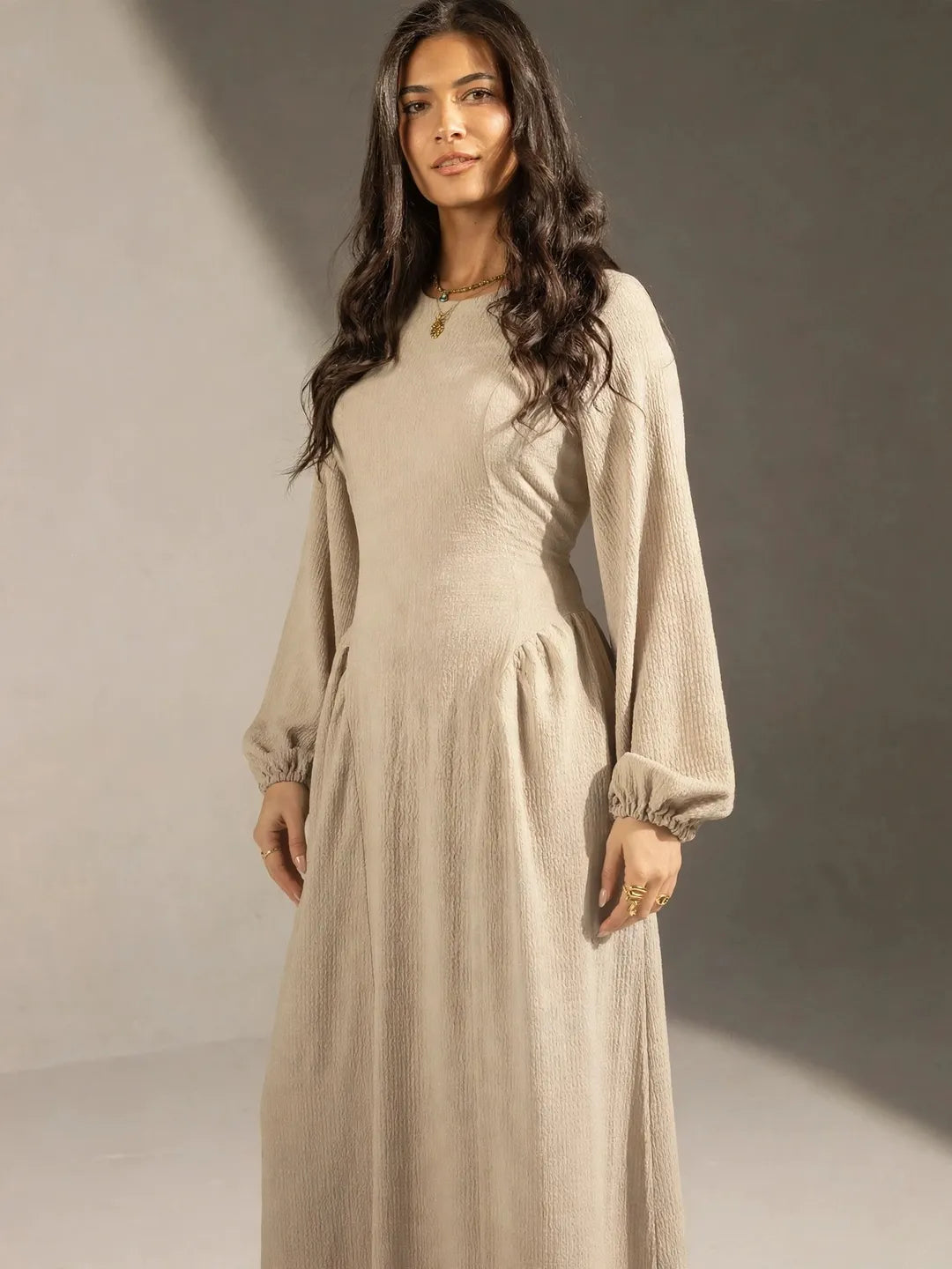 Beige Textured Back-Tie Maxi Dress