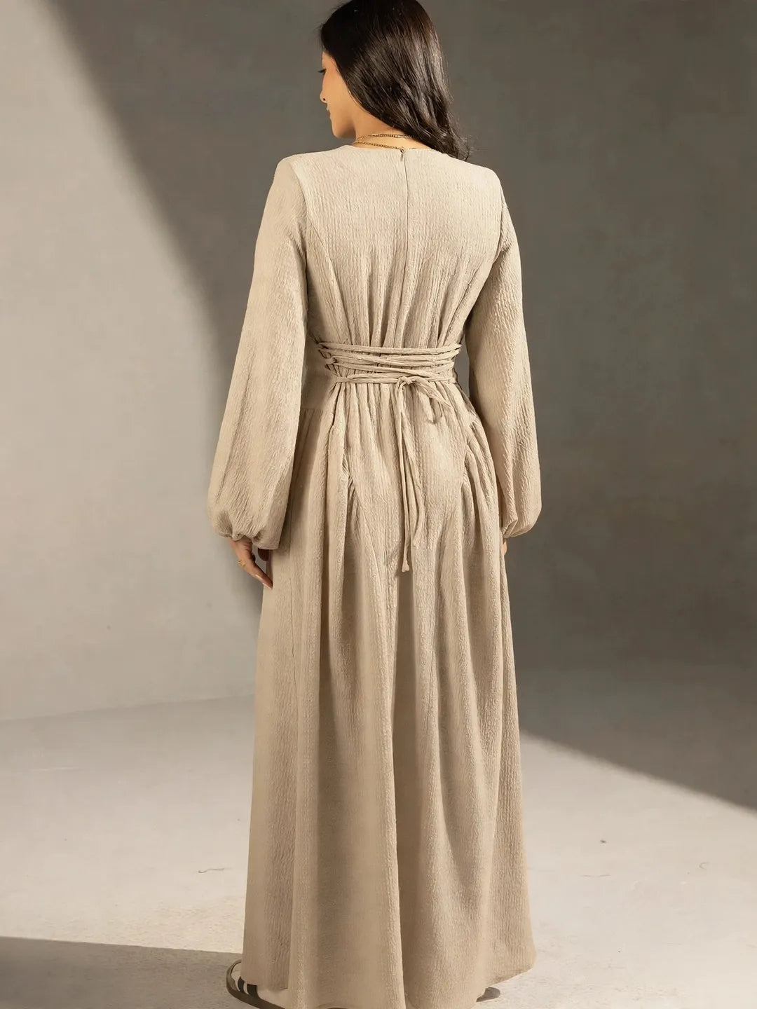 Beige Textured Back-Tie Maxi Dress