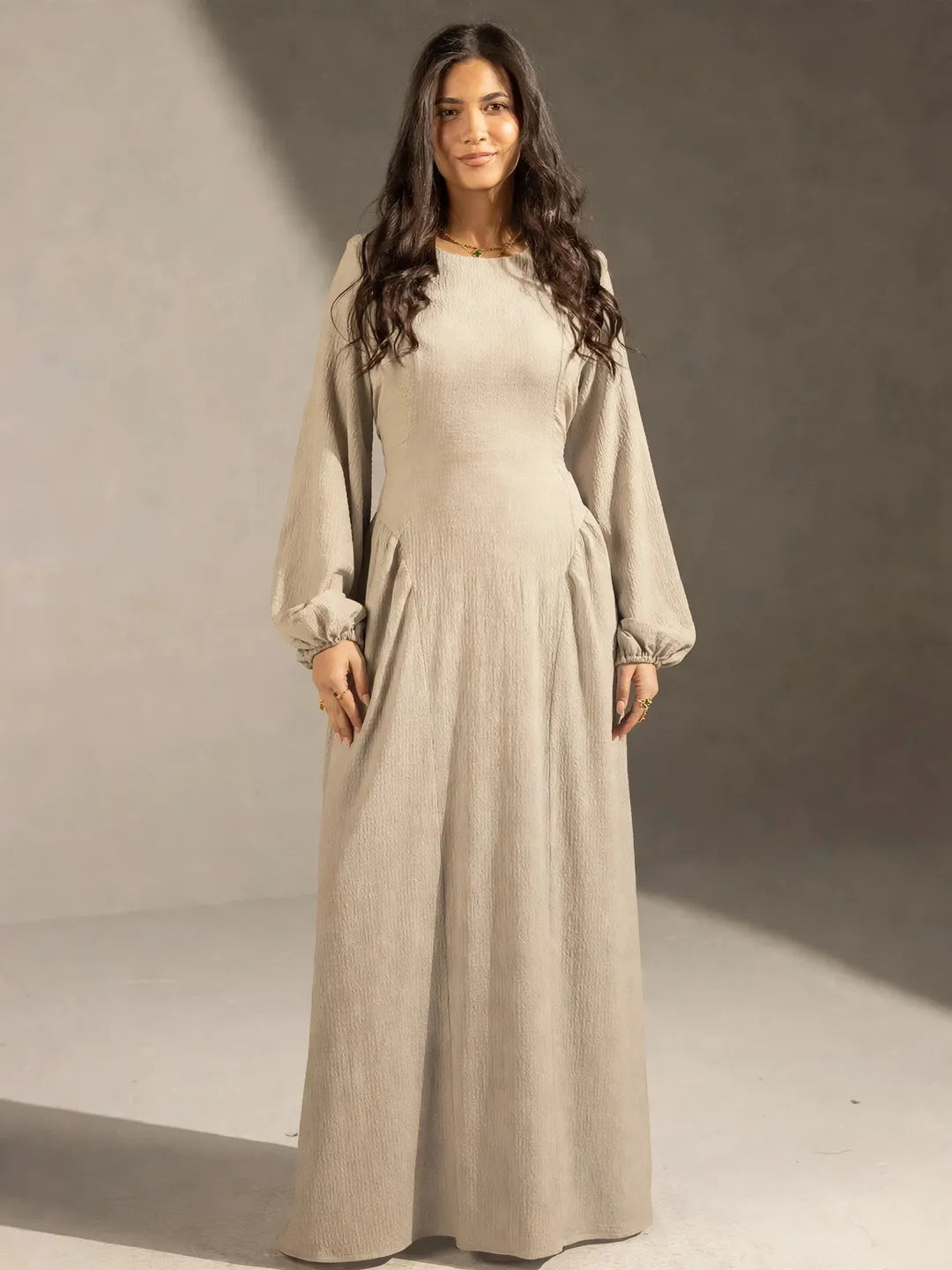 Beige Textured Back-Tie Maxi Dress
