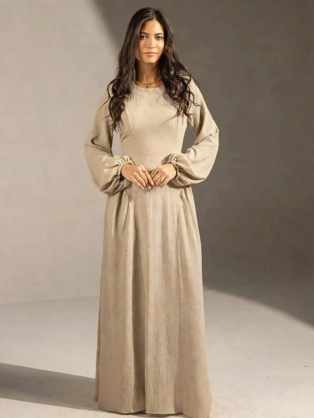 Beige Textured Back-Tie Maxi Dress