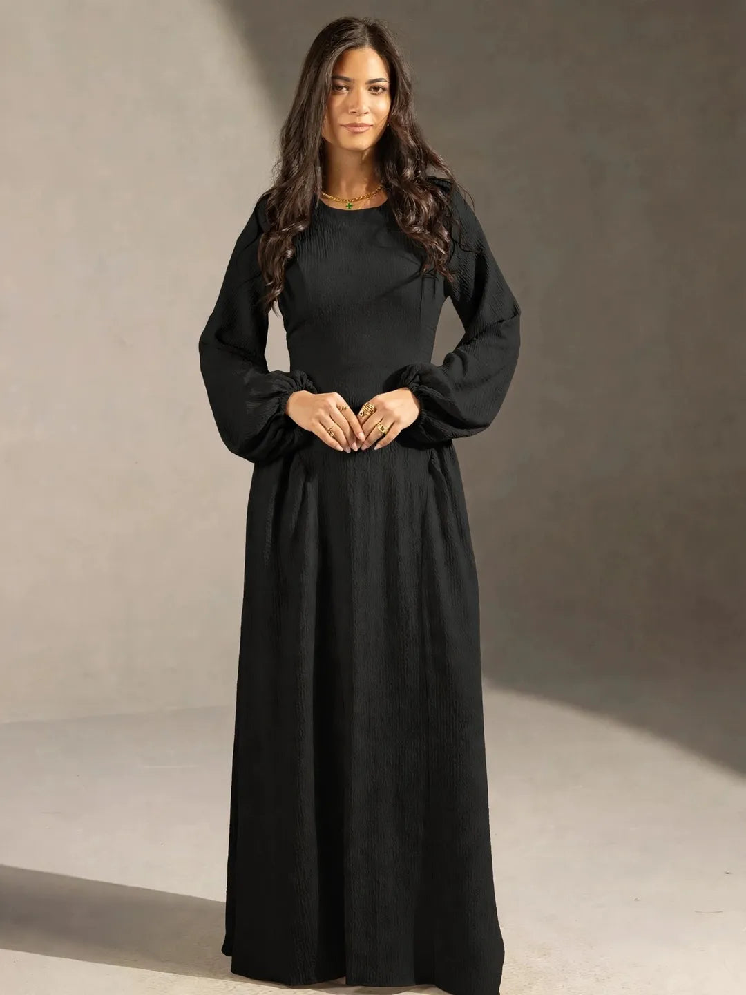 Black Textured Back-Tie Maxi Dress