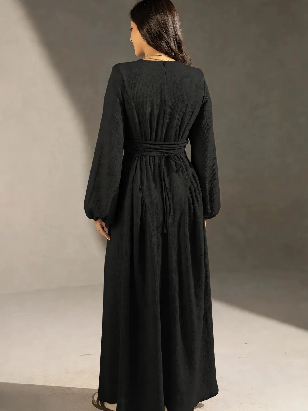 Black Textured Back-Tie Maxi Dress