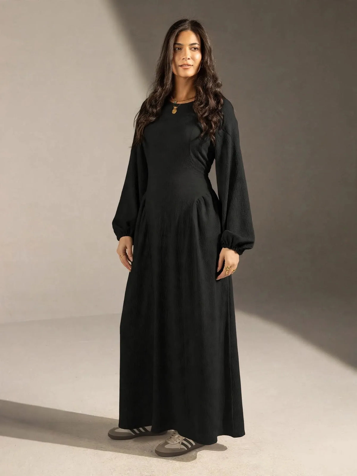 Black Textured Back-Tie Maxi Dress