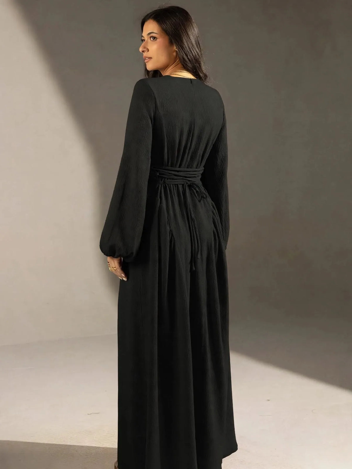Black Textured Back-Tie Maxi Dress