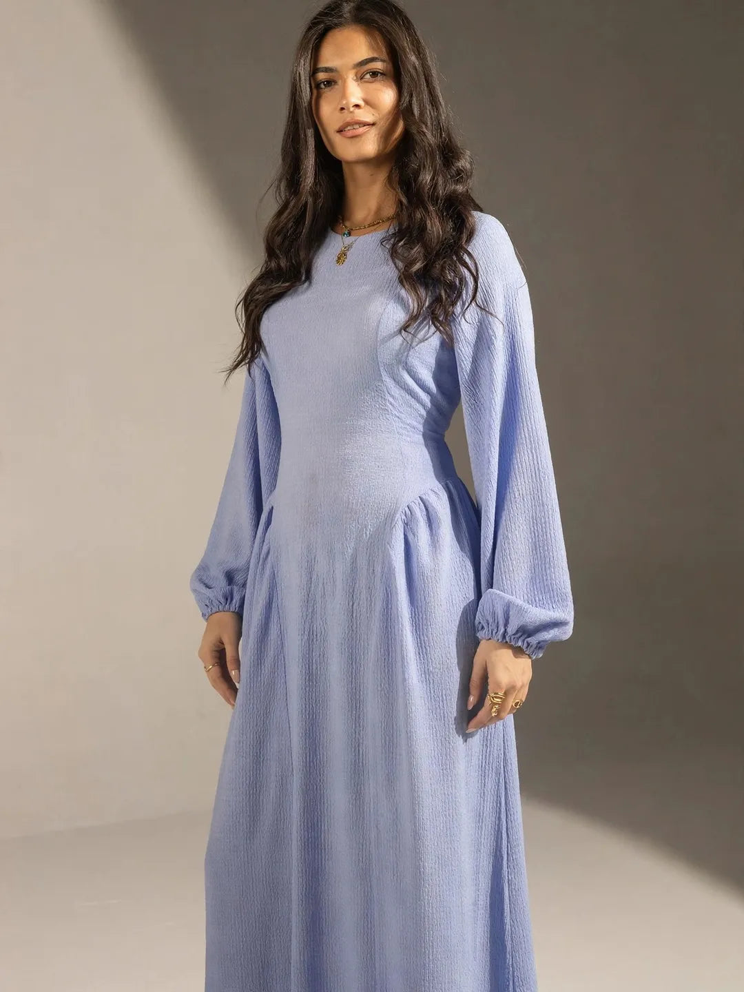 Blue Textured Back-Tie Maxi Dress