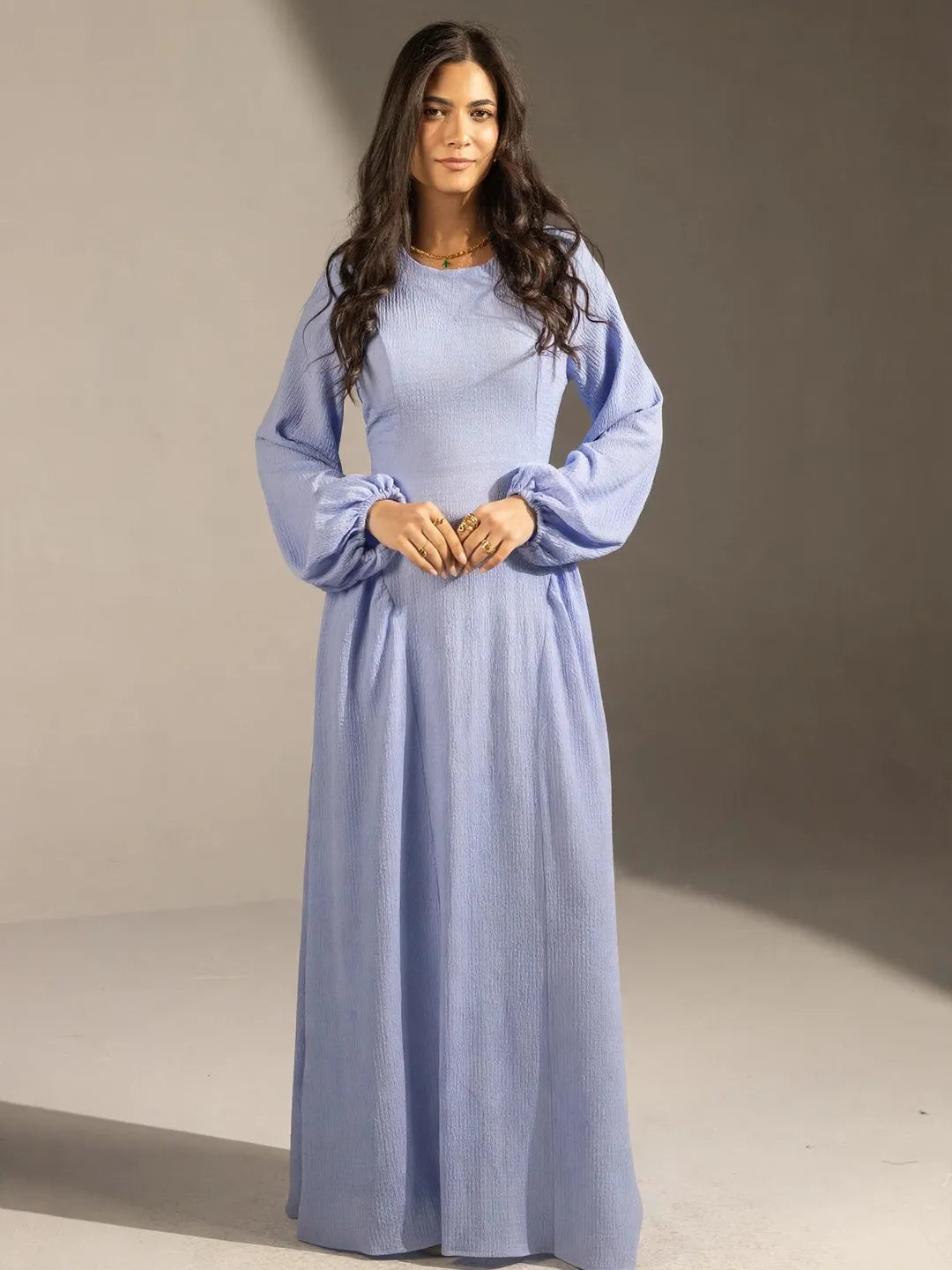 Blue Textured Back-Tie Maxi Dress