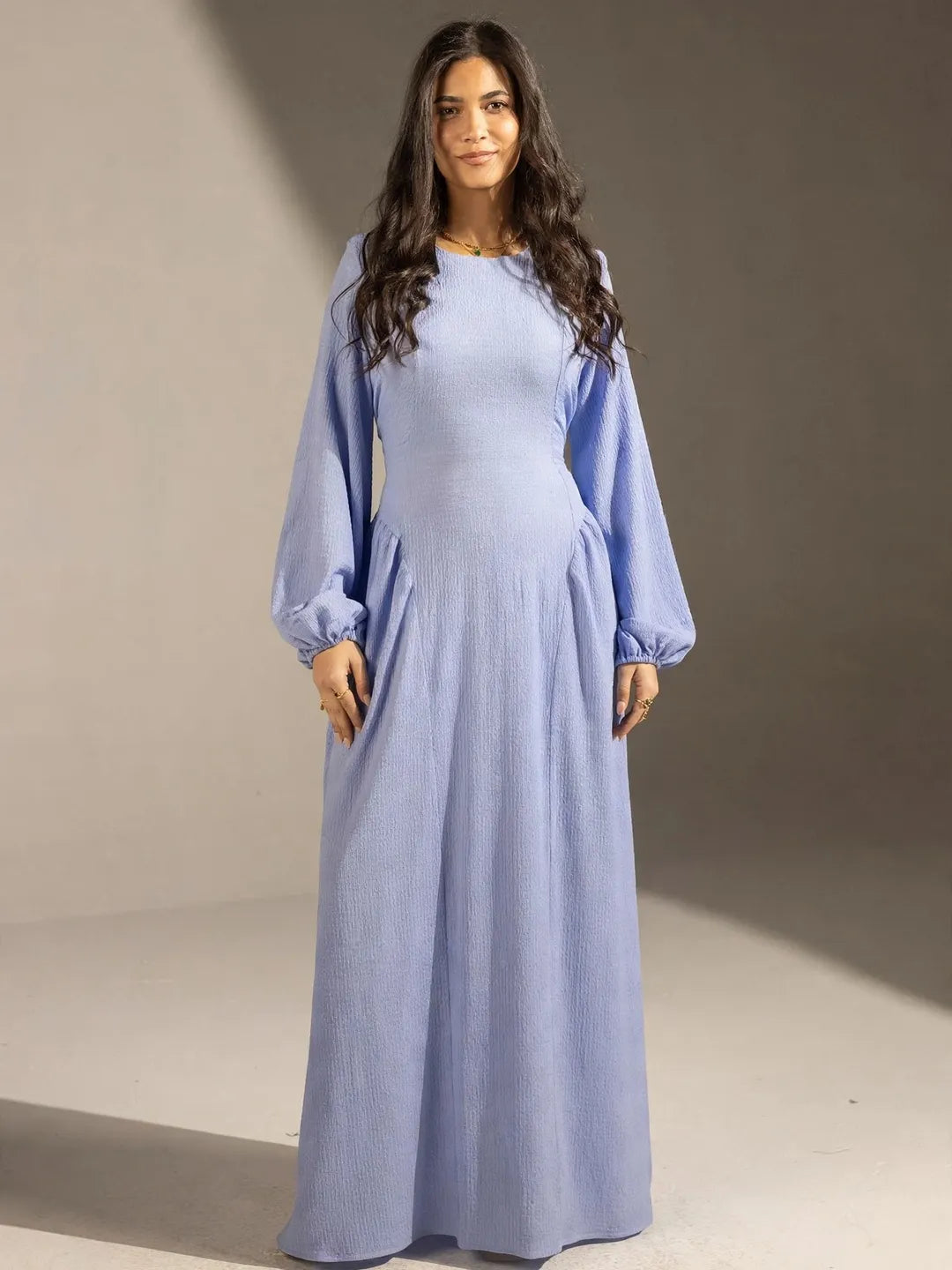 Blue Textured Back-Tie Maxi Dress
