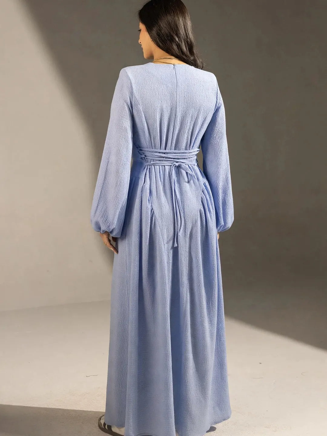 Blue Textured Back-Tie Maxi Dress