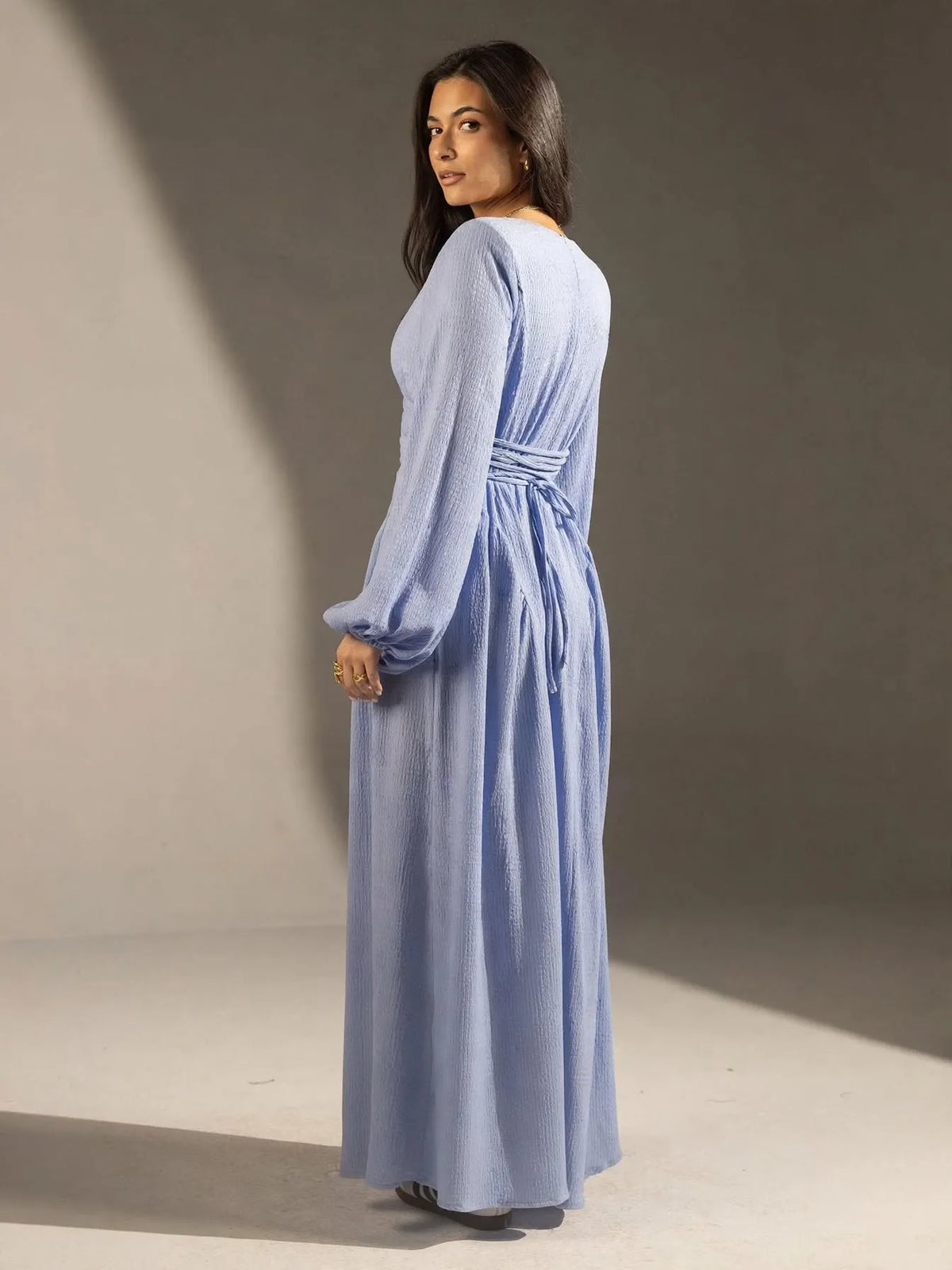 Blue Textured Back-Tie Maxi Dress