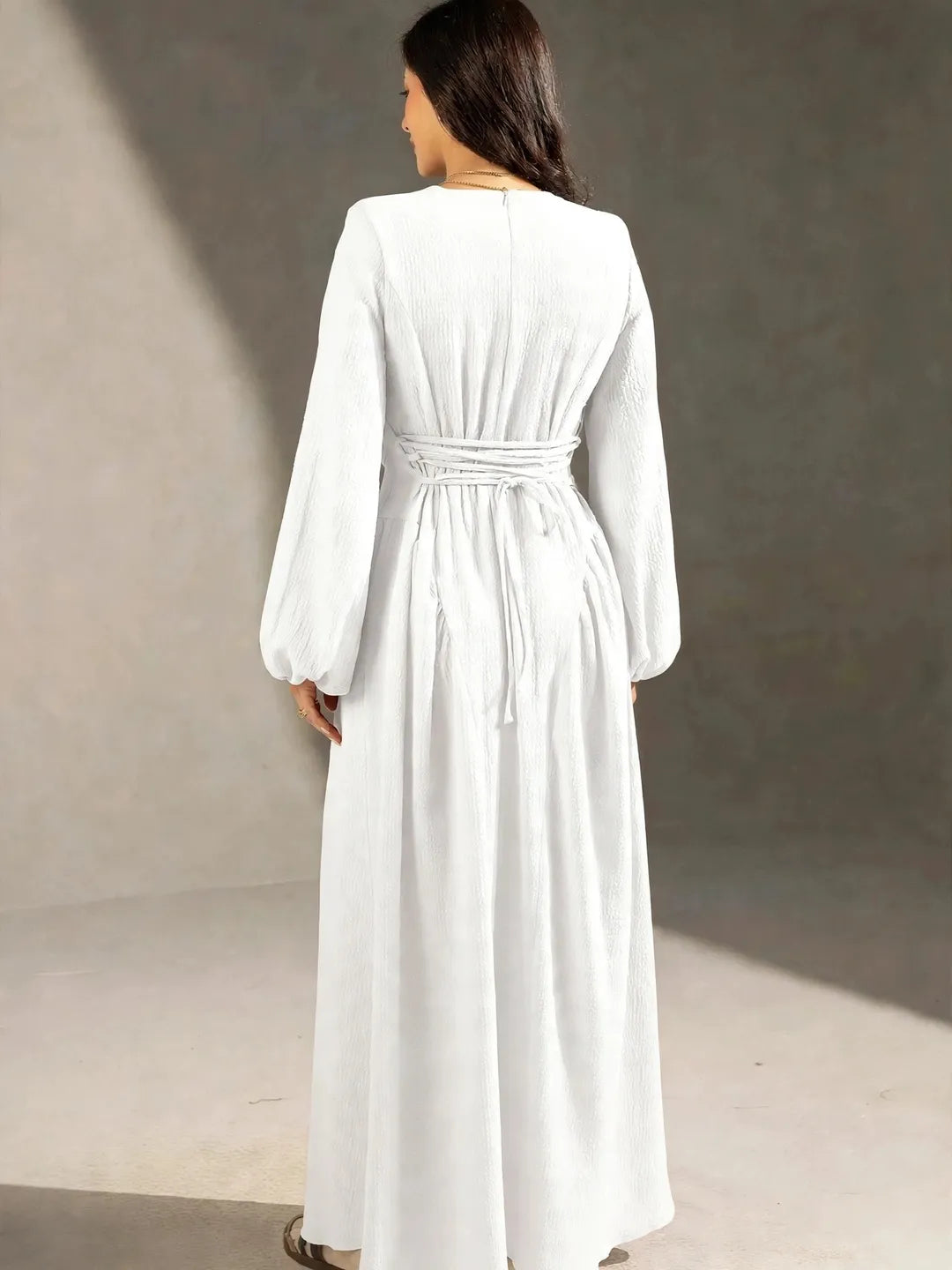 White Textured Back-Tie Maxi Dress