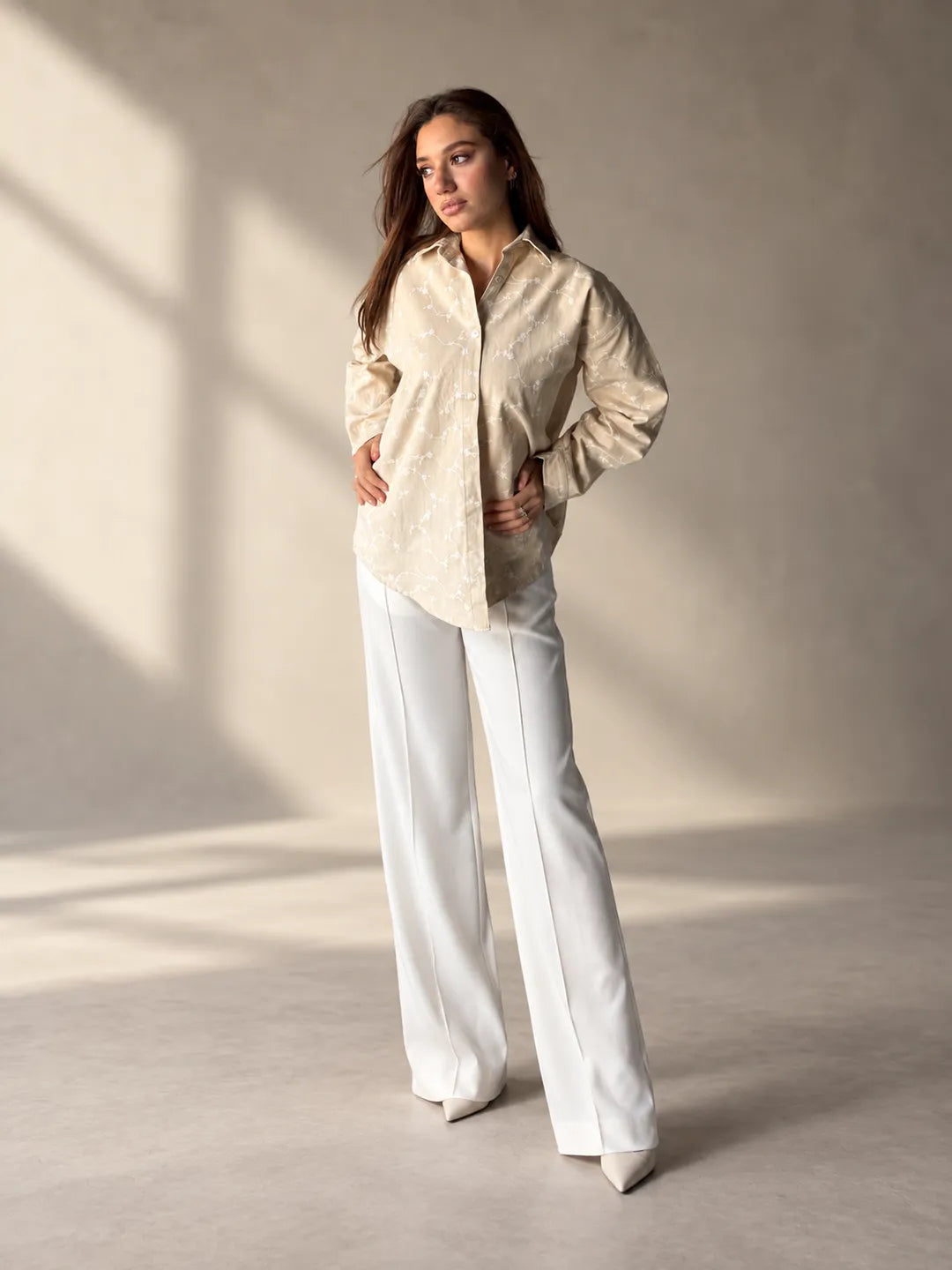 Beige Floral Embroidered Oversized Shirt