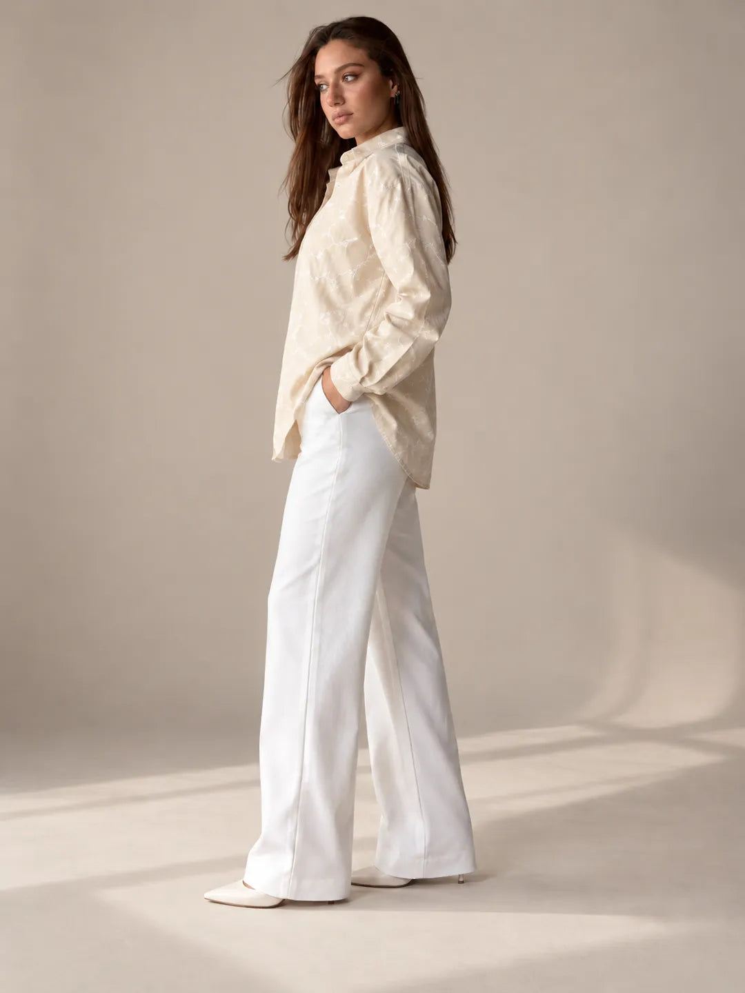 Beige Floral Embroidered Oversized Shirt