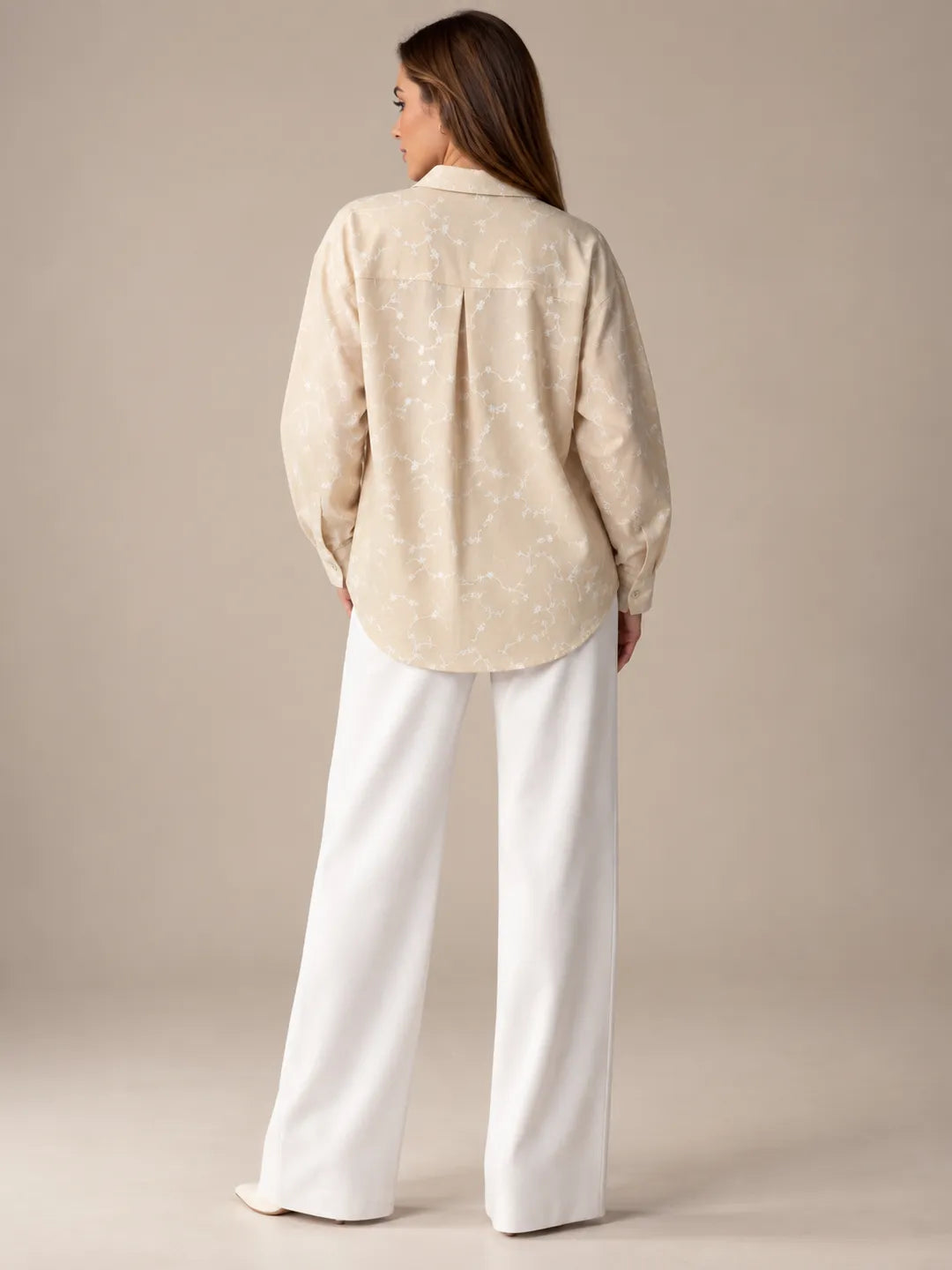 Beige Floral Embroidered Oversized Shirt