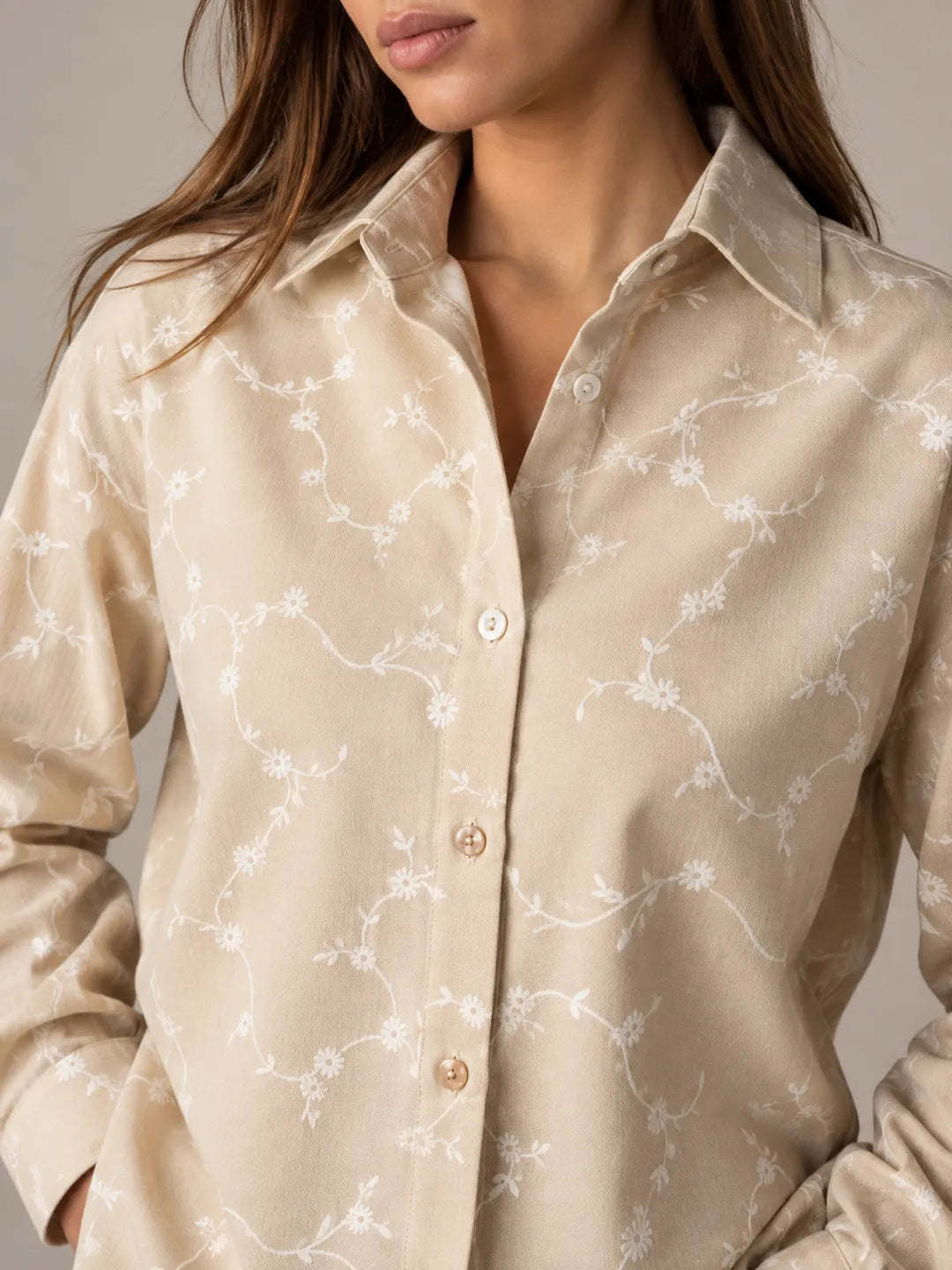 Beige Floral Embroidered Oversized Shirt