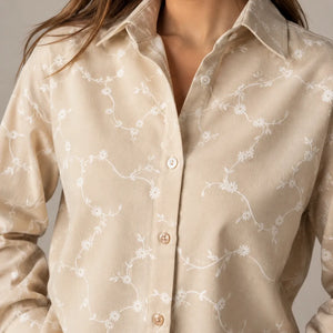 Beige Floral Embroidered Oversized Shirt