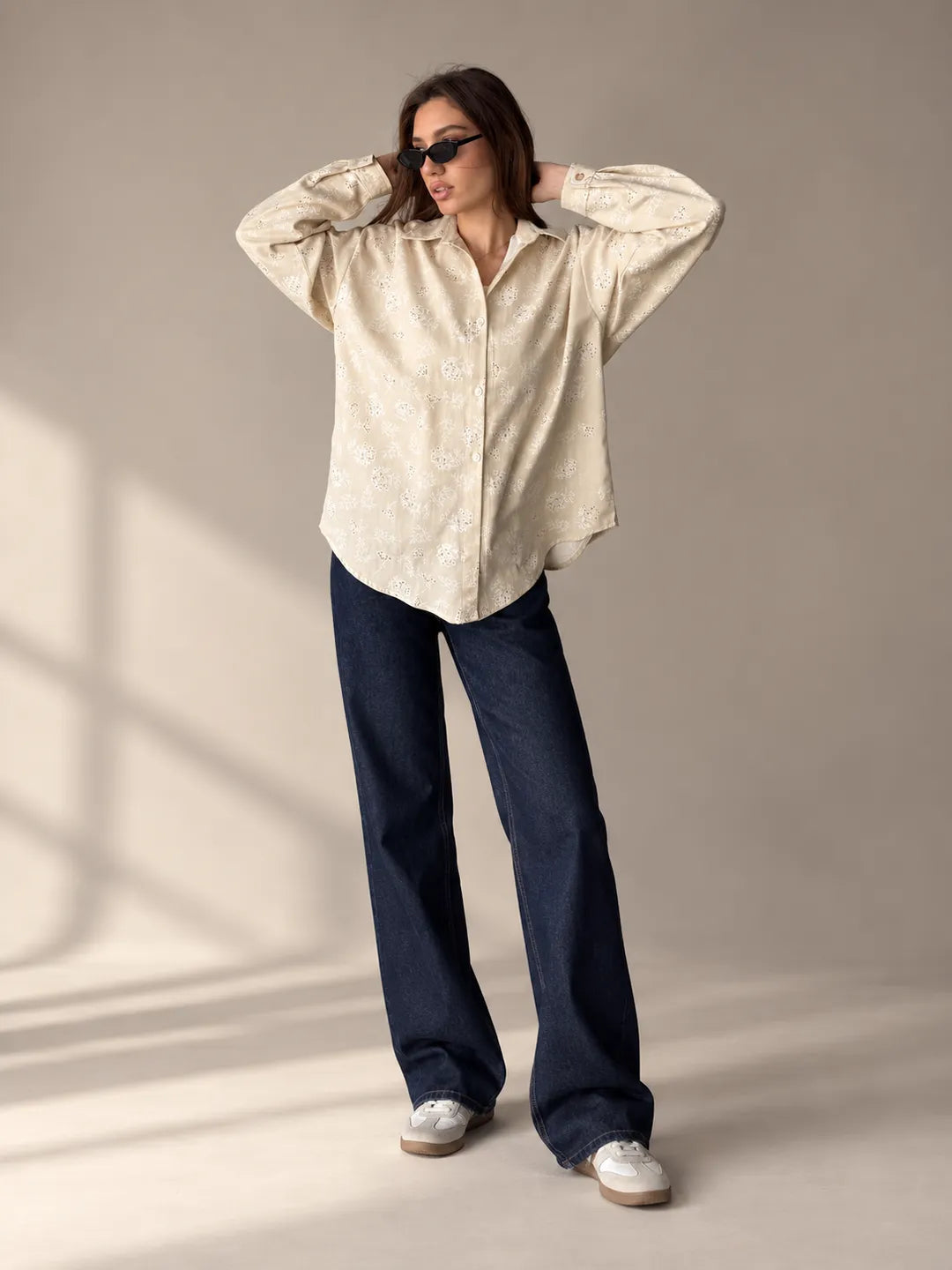 Brown Floral Embroidered Oversized Shirt