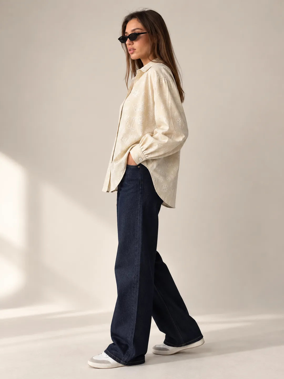 Brown Floral Embroidered Oversized Shirt