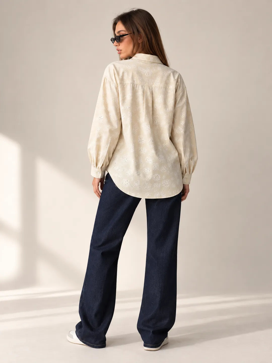 Brown Floral Embroidered Oversized Shirt