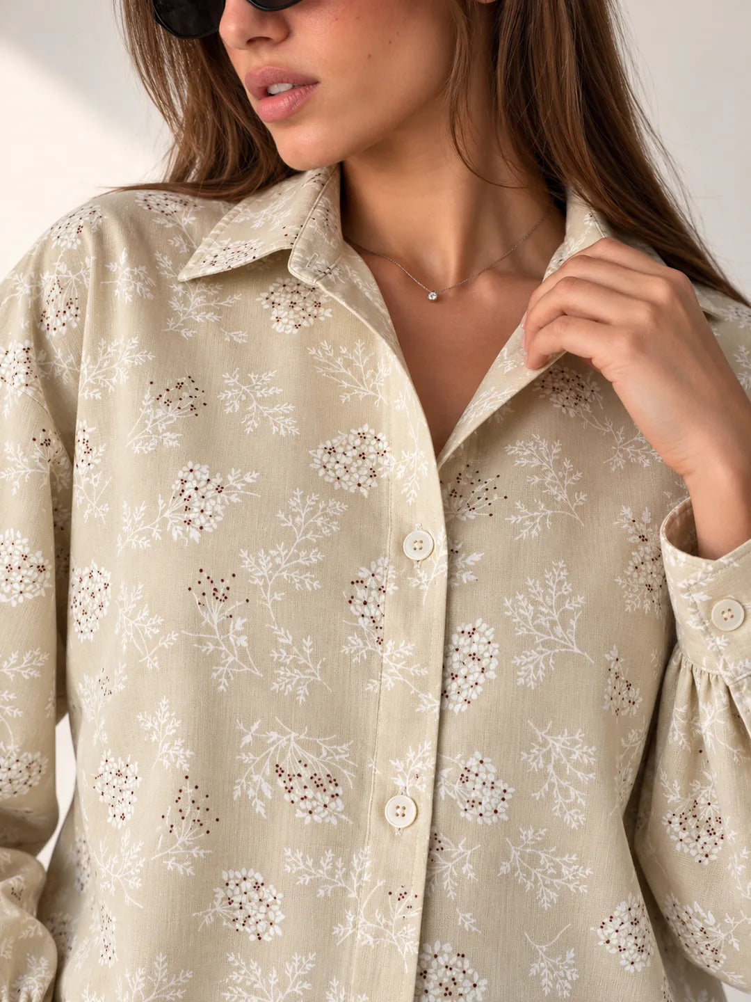 Brown Floral Embroidered Oversized Shirt