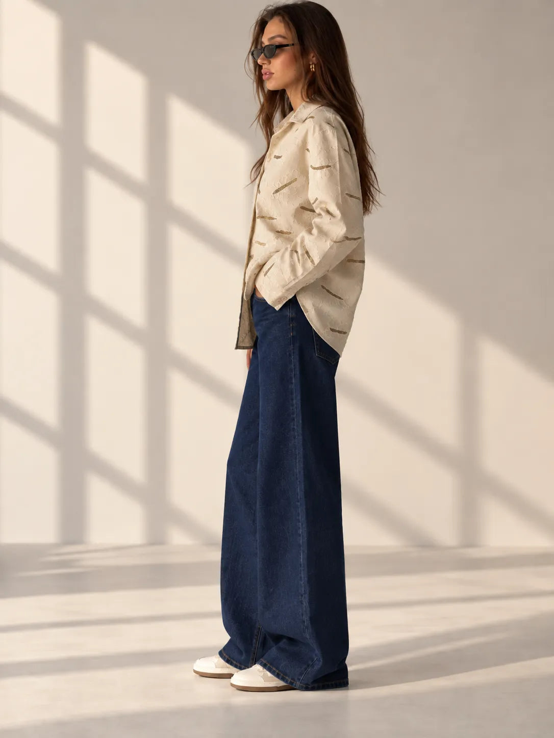 Beige Embroidered Oversized Shirt