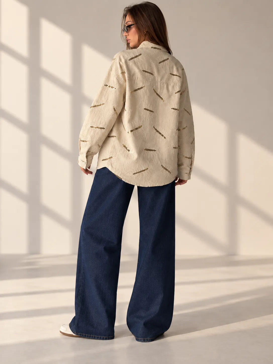 Beige Embroidered Oversized Shirt
