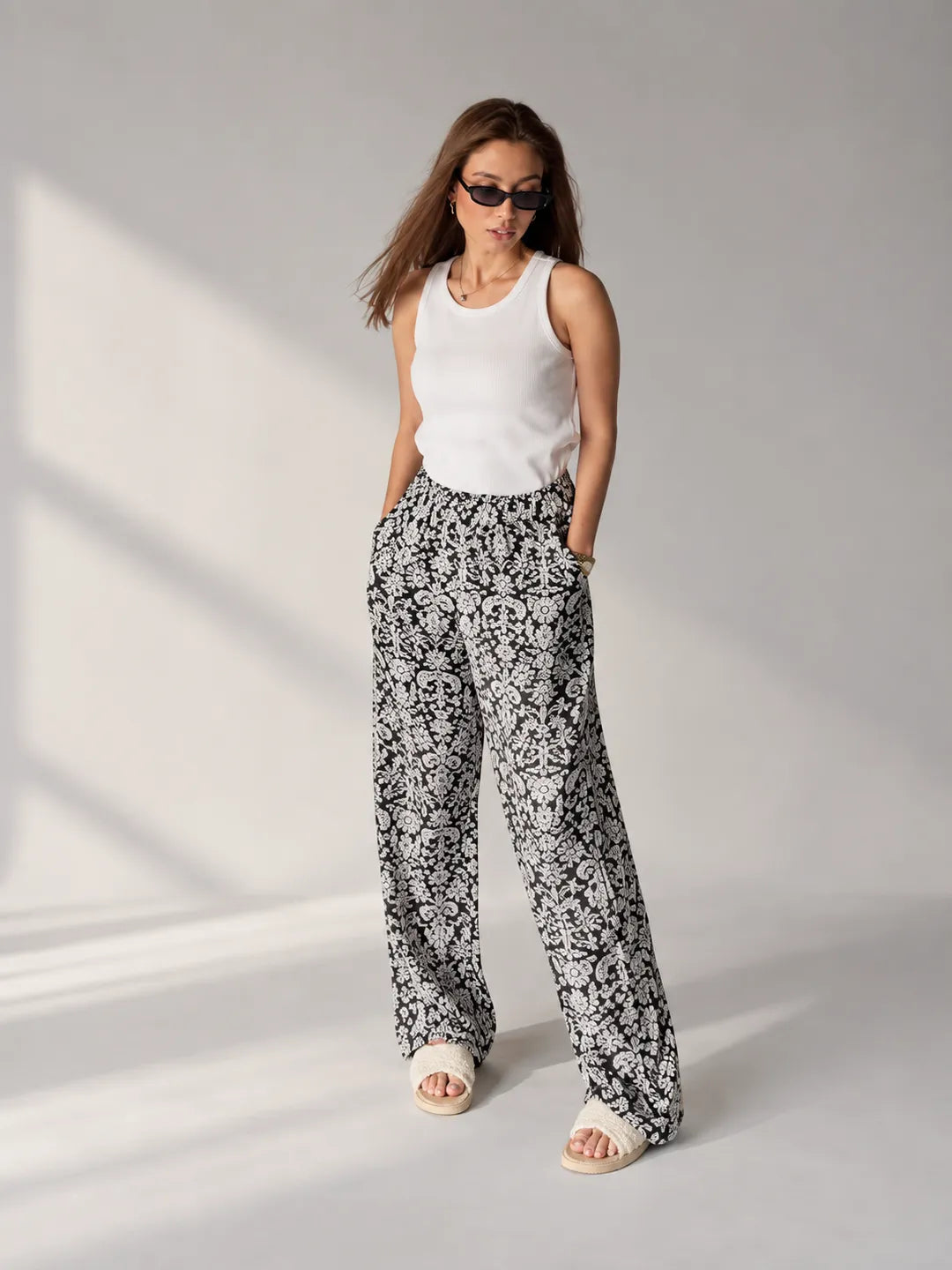 Black Floral Wide Leg Pants