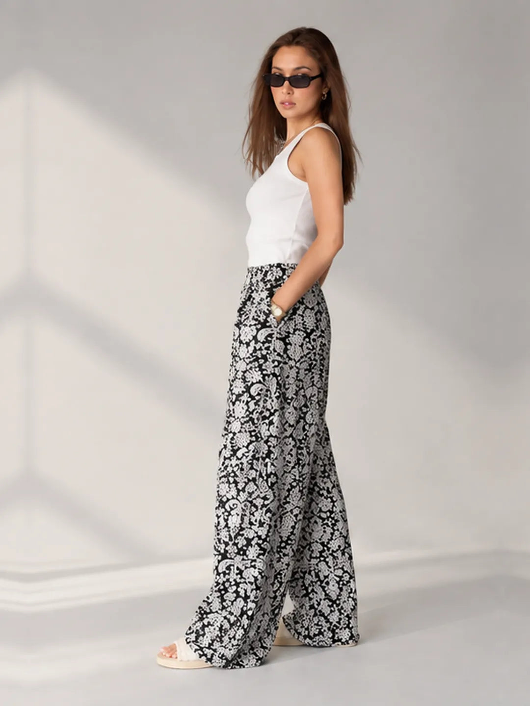 Black Floral Wide Leg Pants