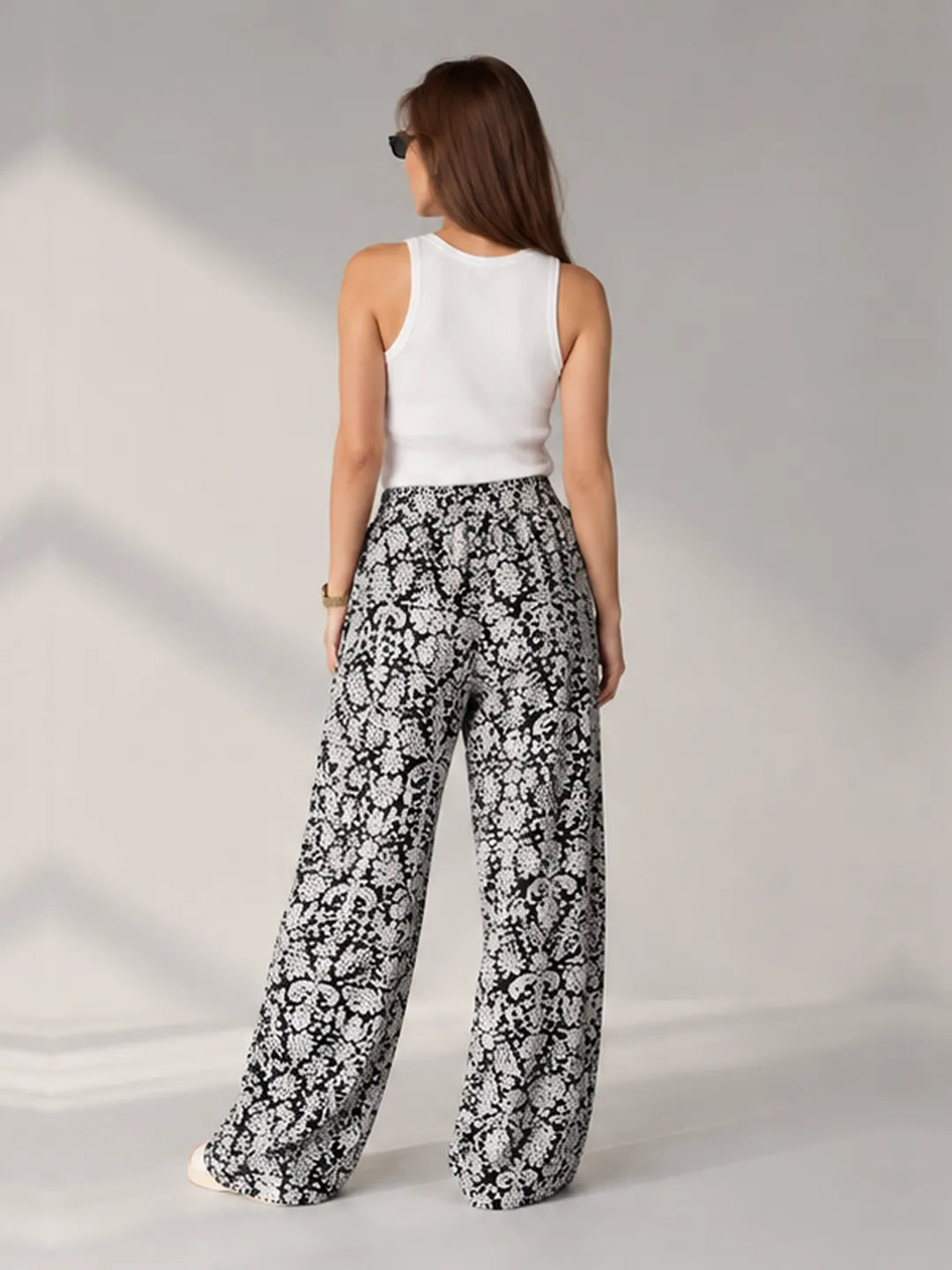 Black Floral Wide Leg Pants