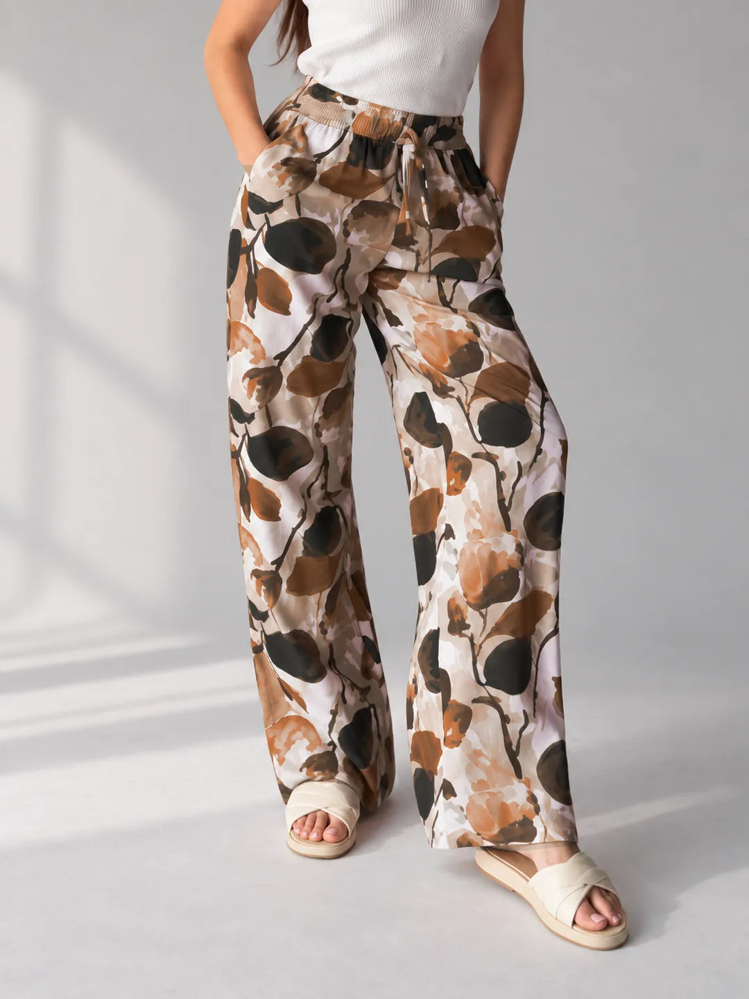 Brown Floral Wide Leg Pants