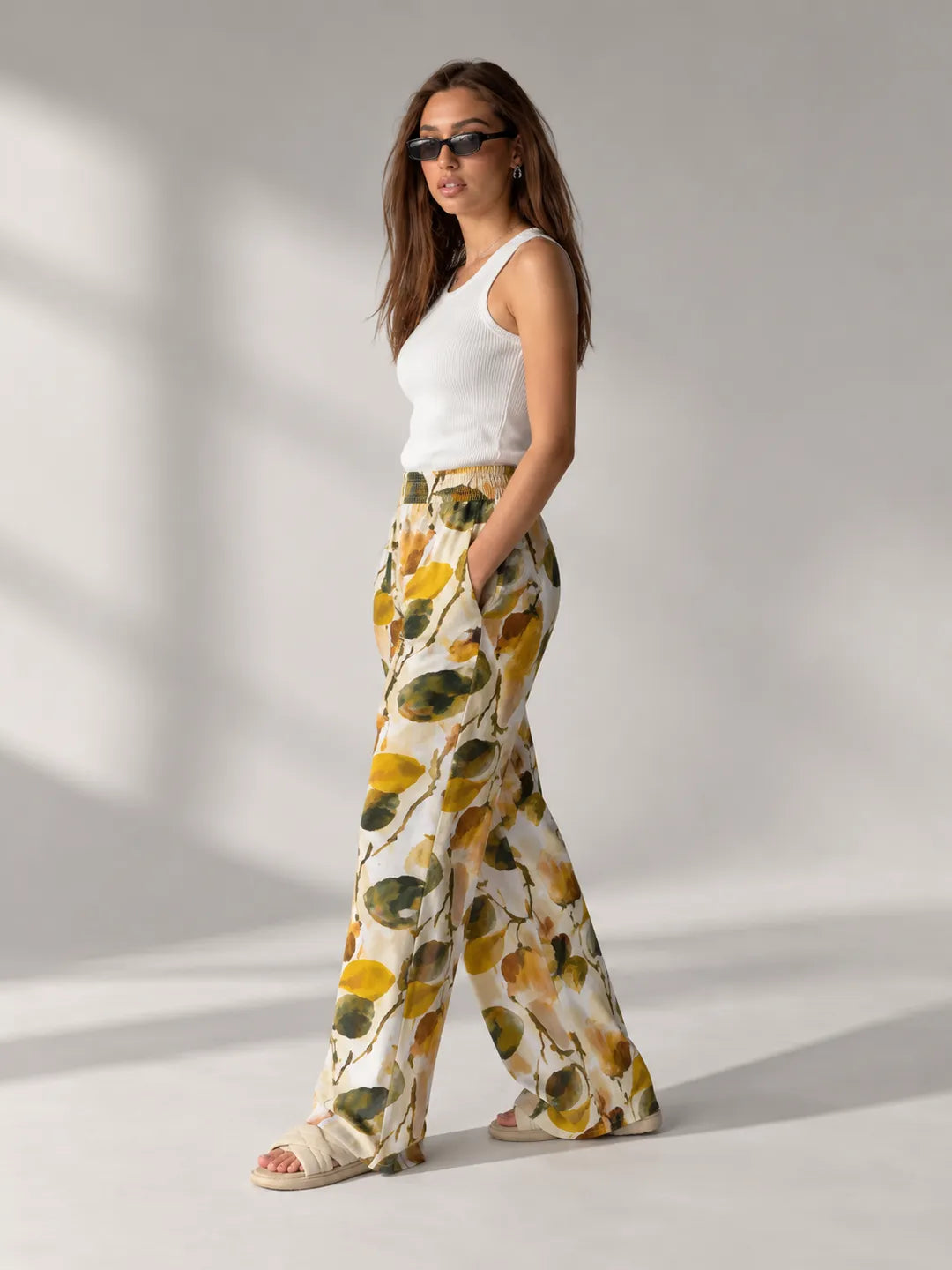 Green Floral Wide Leg Pants