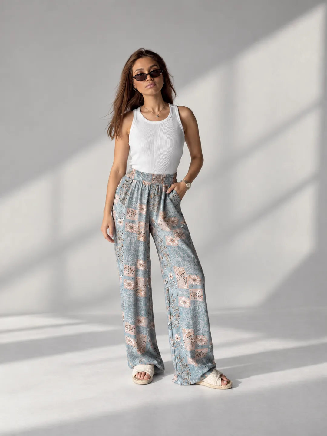Light_Blue Floral Wide Leg Pants