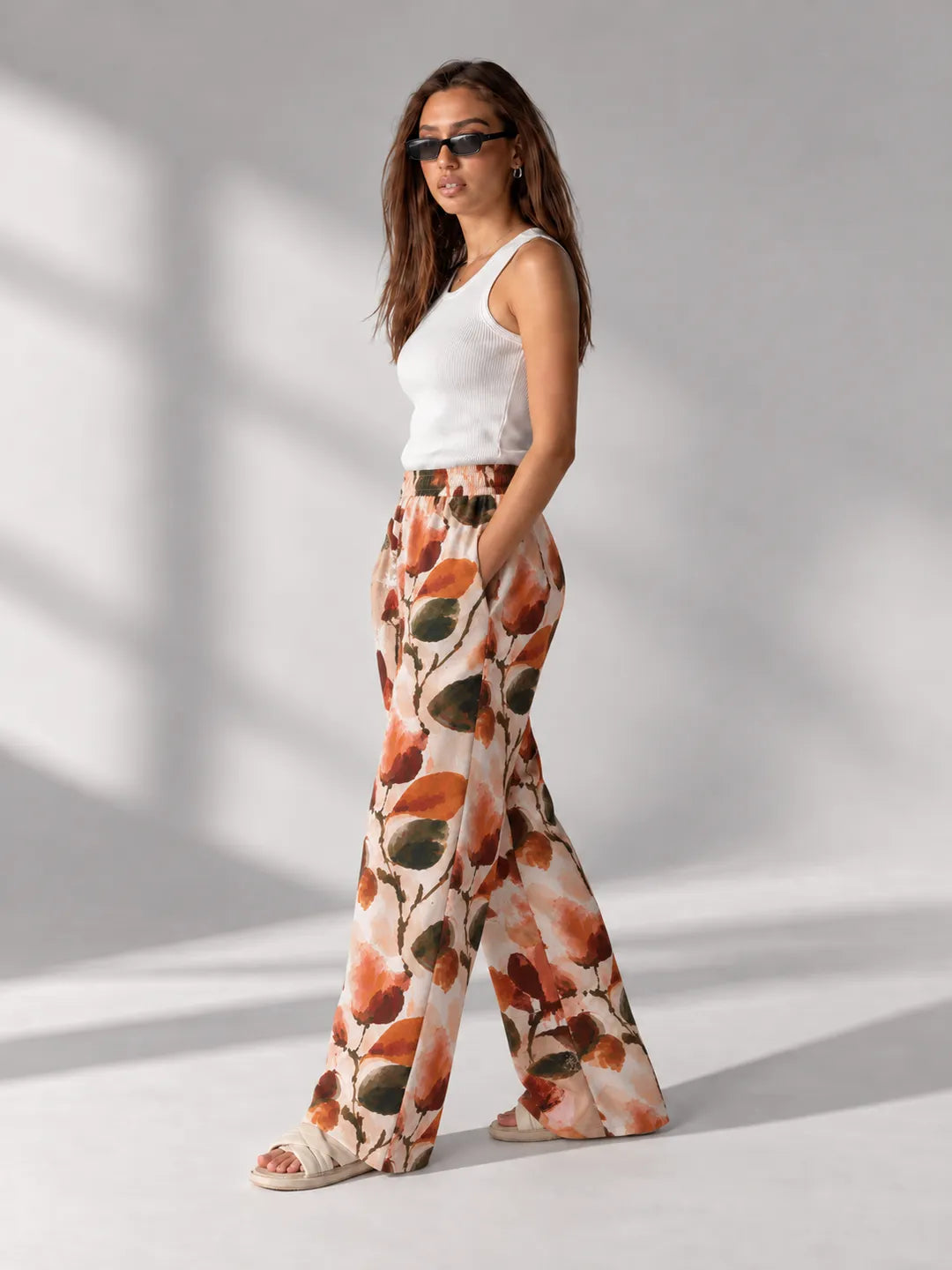 Orange Floral Wide Leg Pants