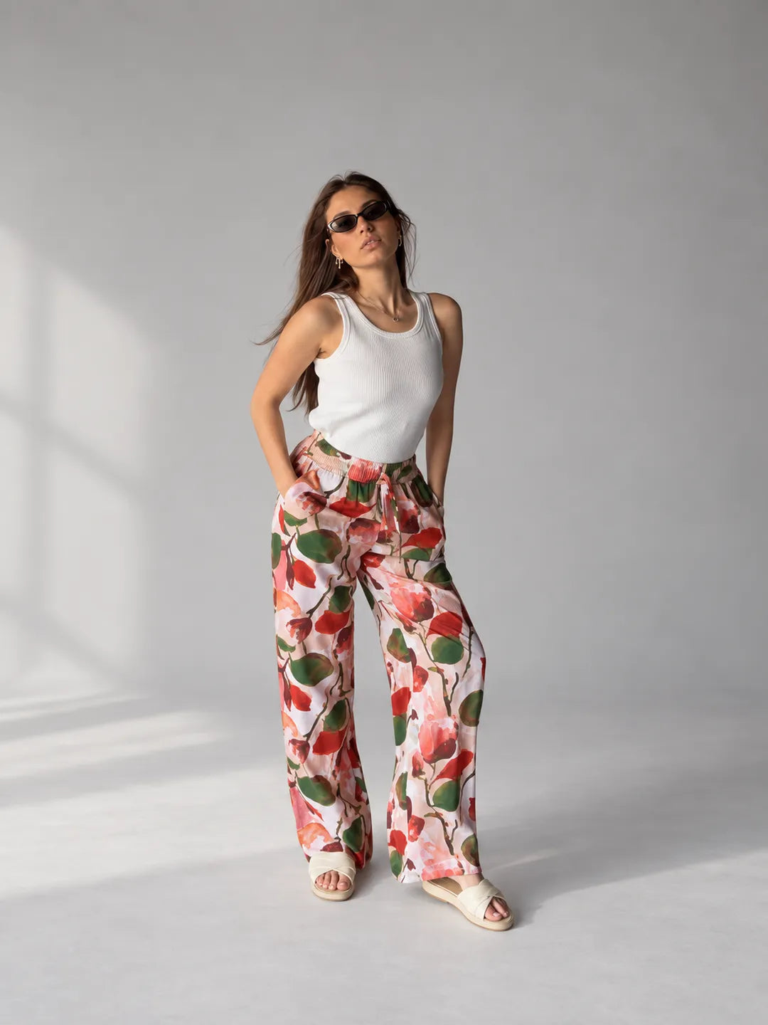 Red Floral Wide Leg Pants