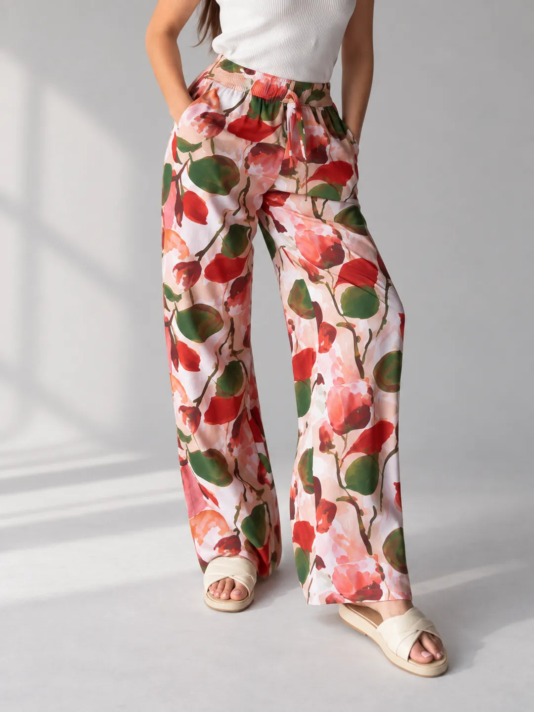 Red Floral Wide Leg Pants