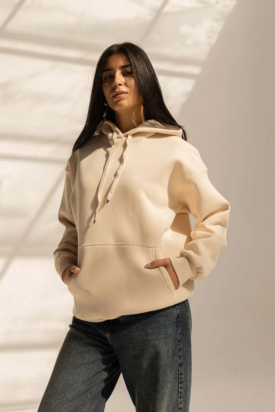 Beige Oversized Plain Hoodie
