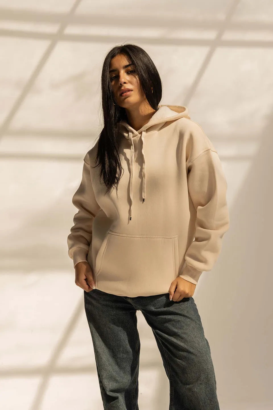 Beige Oversized Plain Hoodie
