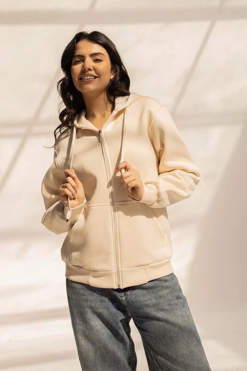 Beige Oversized Zipped Hoodie