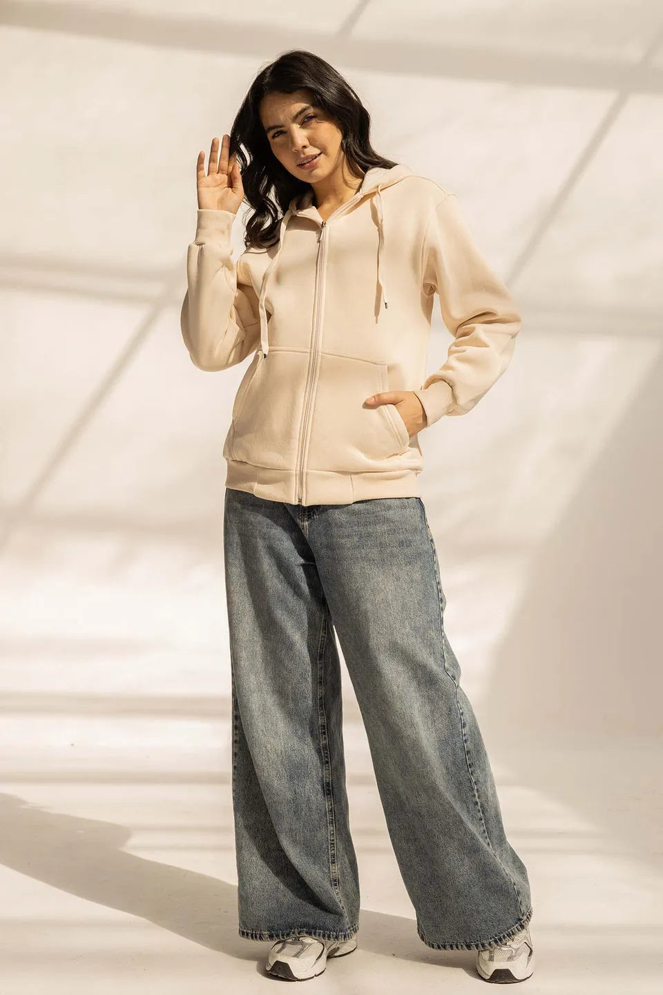 Beige Oversized Zipped Hoodie