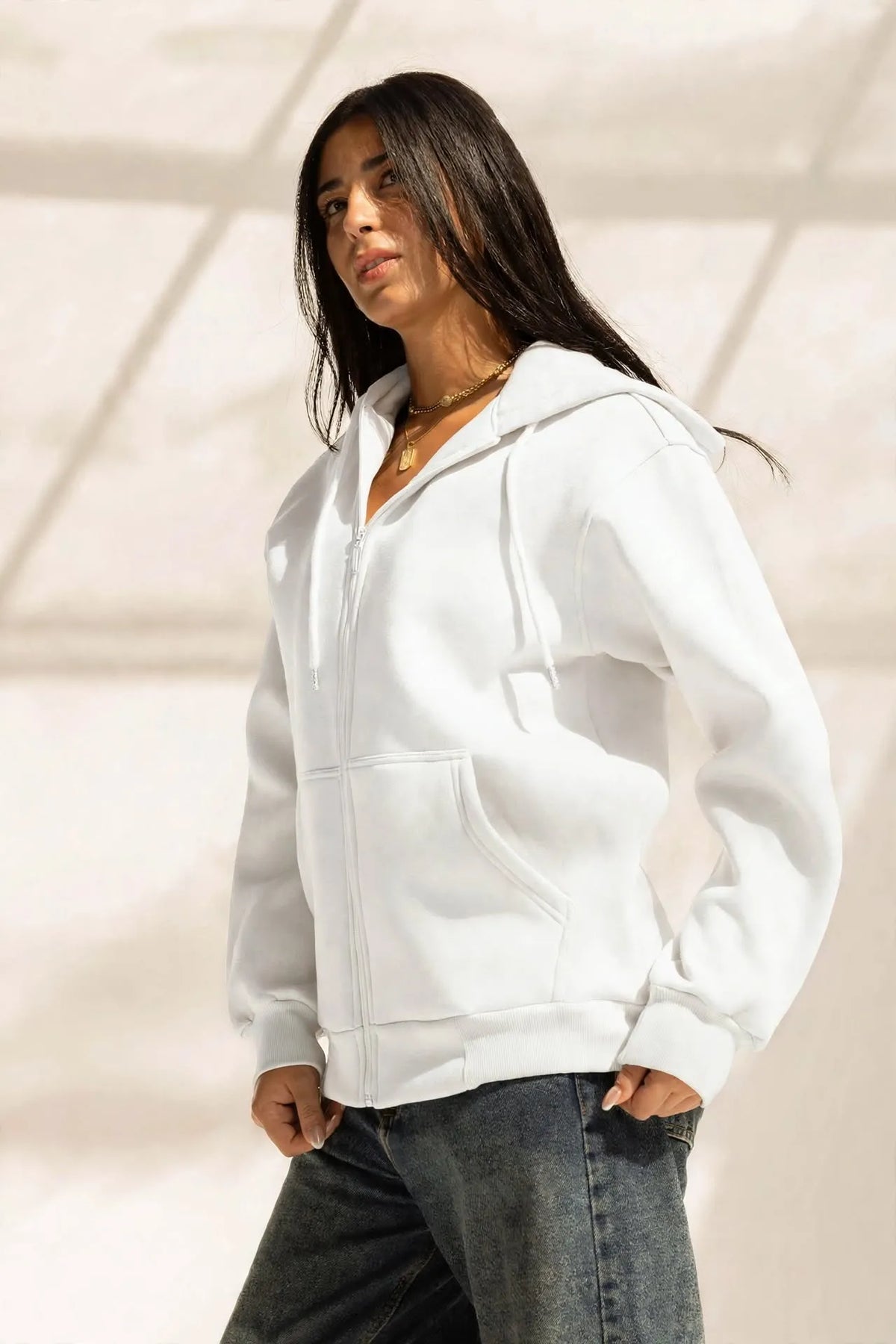 White Oversized Zipped Hoodie