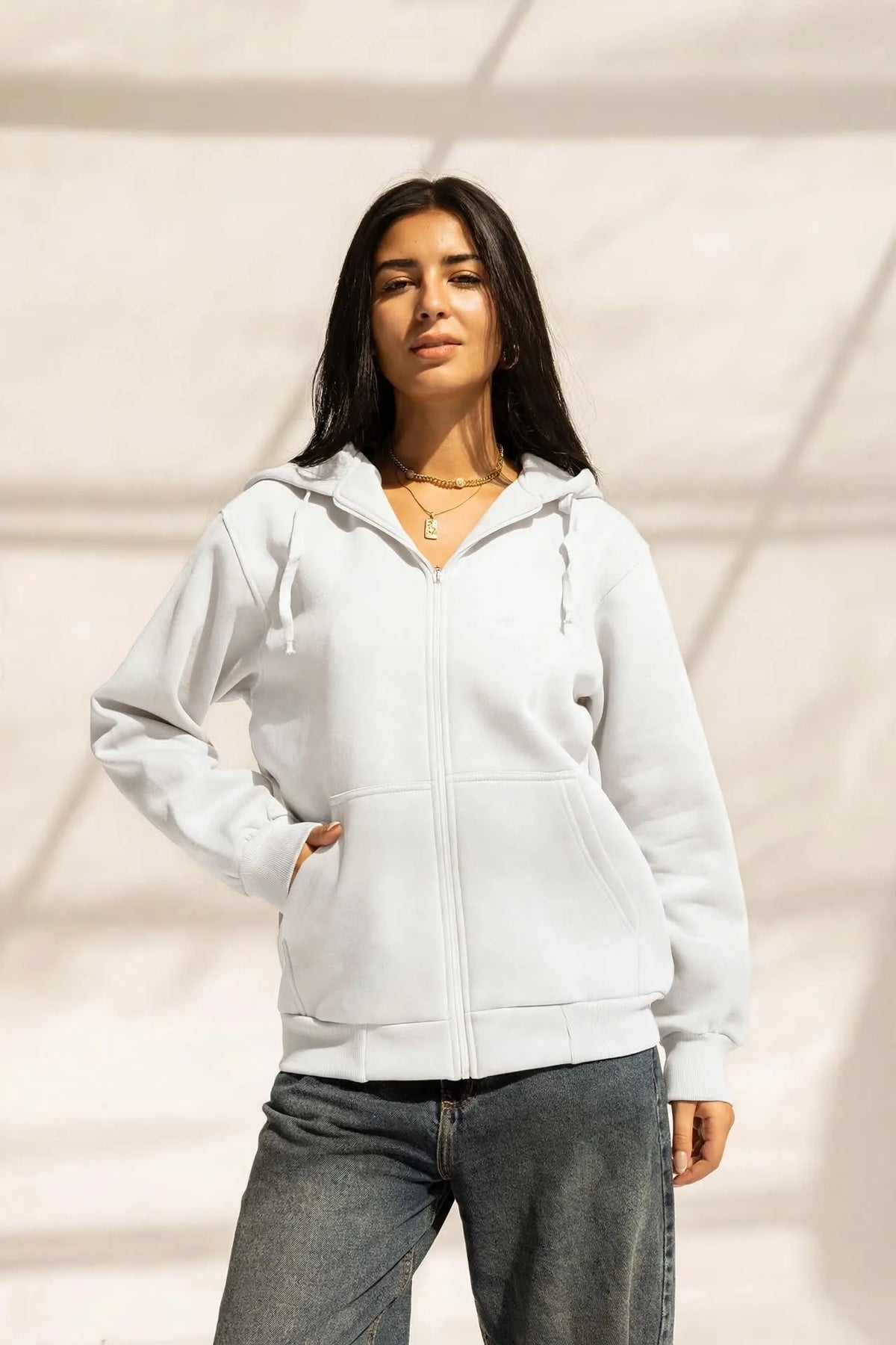 White Oversized Zipped Hoodie