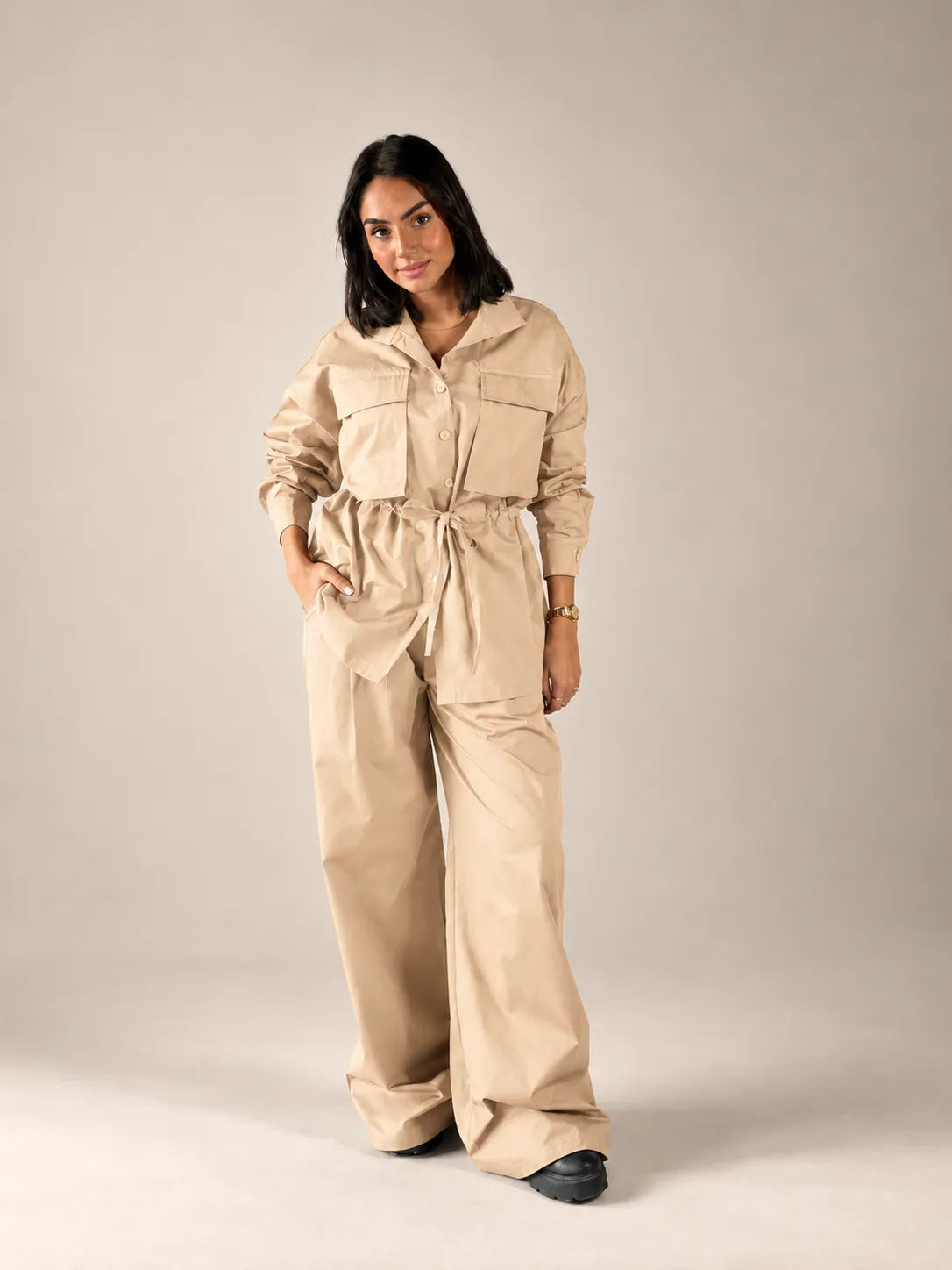 Beige Tie-Waist Pockets Set